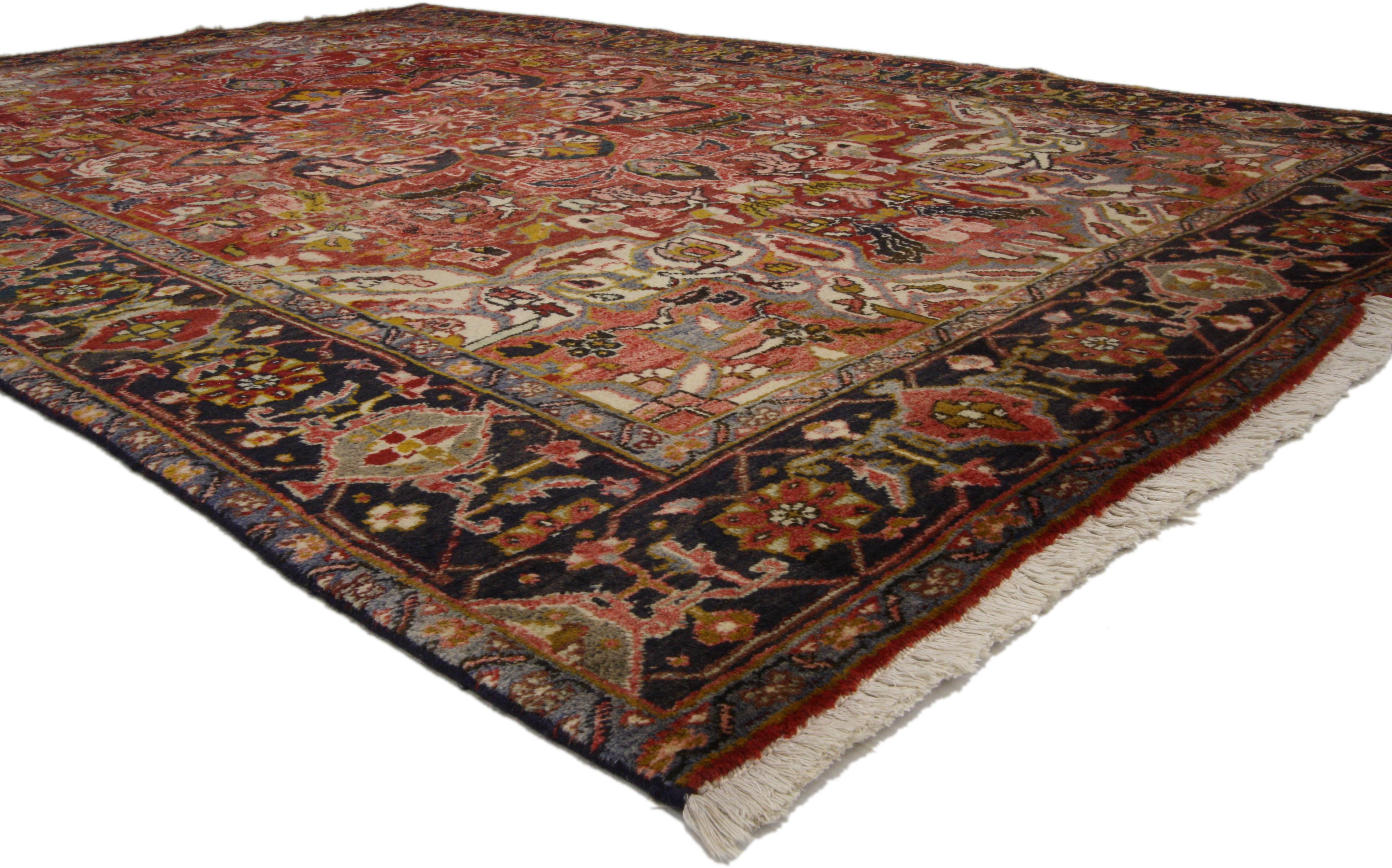 Hand-Knotted Vintage Persian Heriz Rug with Mid-Century Modern Stylex