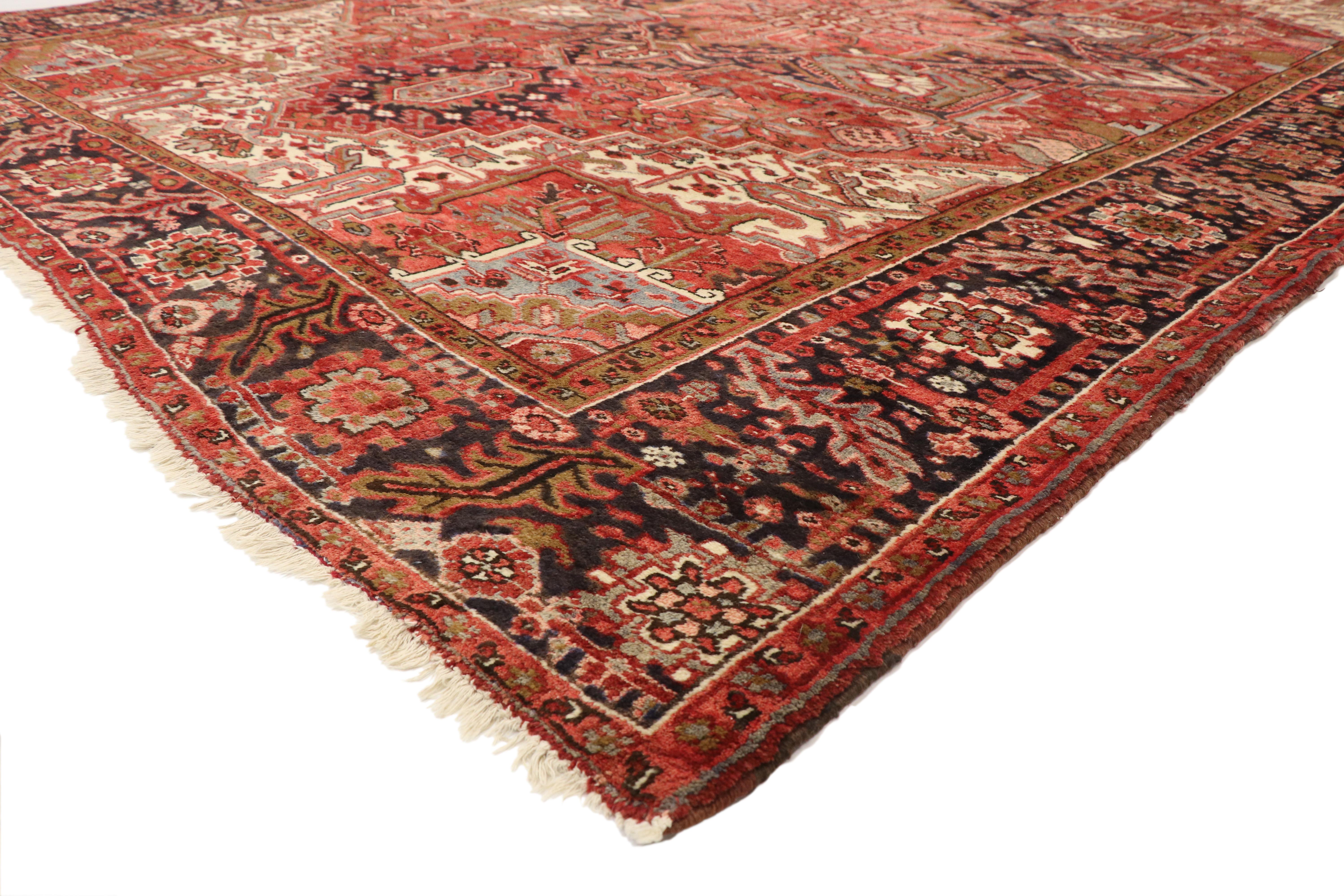 74970, vintage Persian Heriz rug with modern American craftsman style. Overflowing in a refined color palette and representing a stylish union of Modern American Craftsman style, this vintage Persian Heriz rug showcases classical elements of Persian
