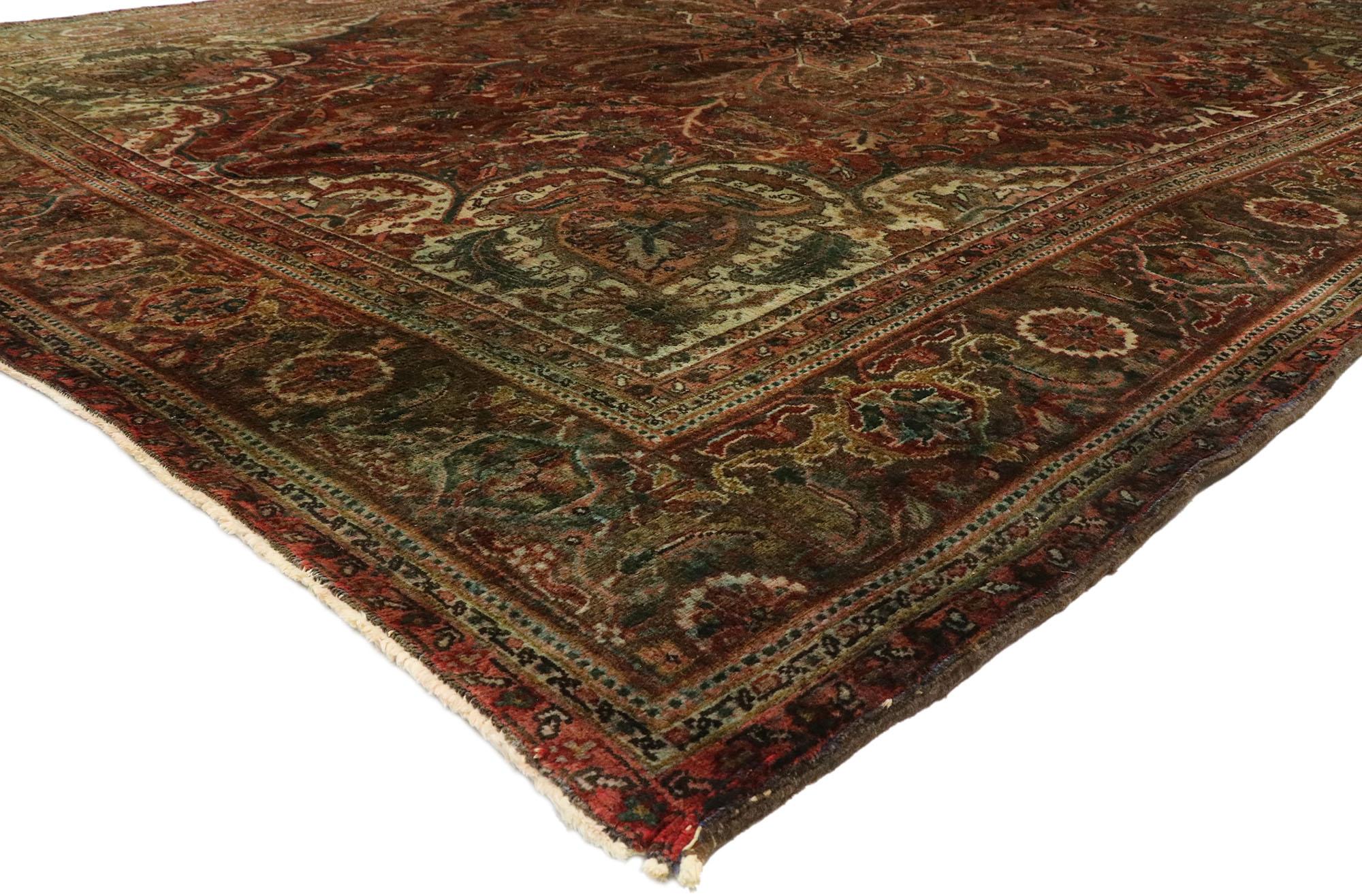 76536, Vintage Persian Ahar Heriz Rug with Modern Rustic Arts & Crafts Style. This hand knotted wool vintage Persian Heriz rug features a cusped octagonal central medallion anchored with trefoil palmette pendants. The field is covered in a densely