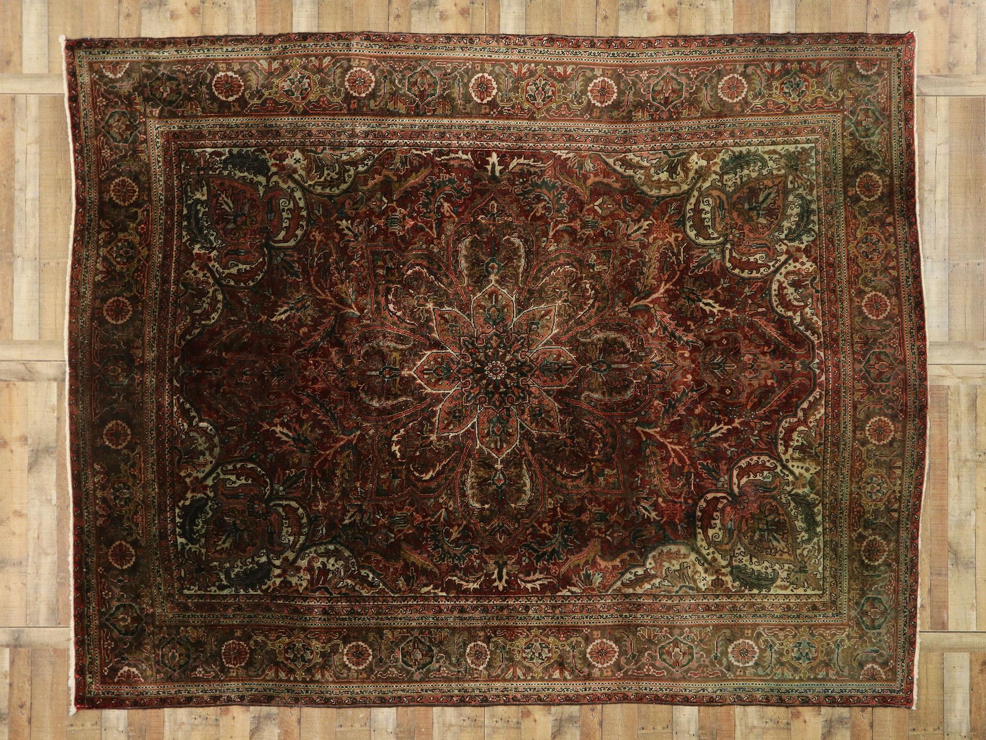 Wool Vintage Persian Ahar Heriz Rug with Modern Rustic Arts & Crafts Style For Sale