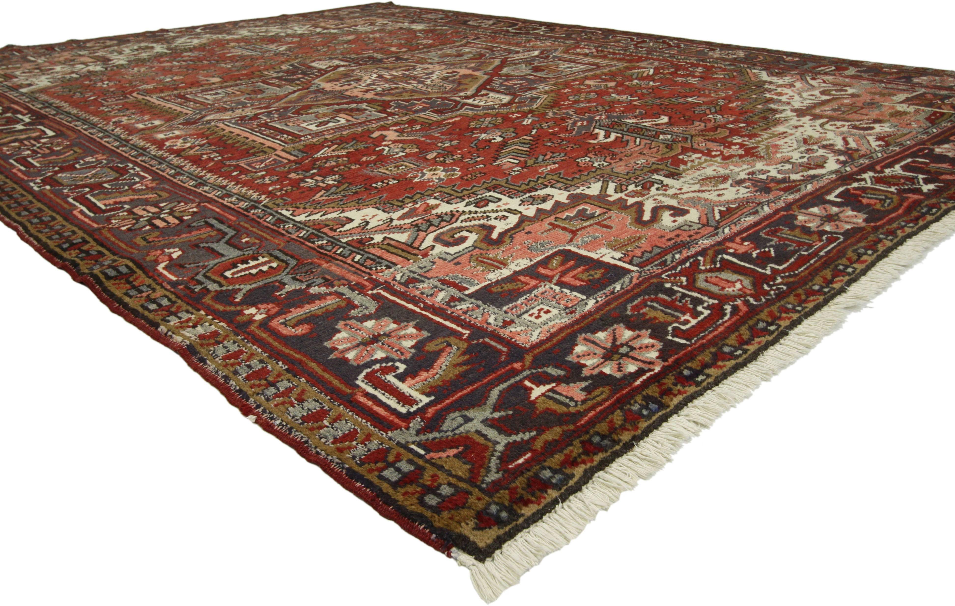 75334 Vintage Persian Heriz Rug with Modern Downton Abbey Style 07'05 x 10'04.  With timeless design and masculine appeal, this hand knotted wool vintage Persian Heriz rug can beautifully blend contemporary, modern, and traditional interiors. It