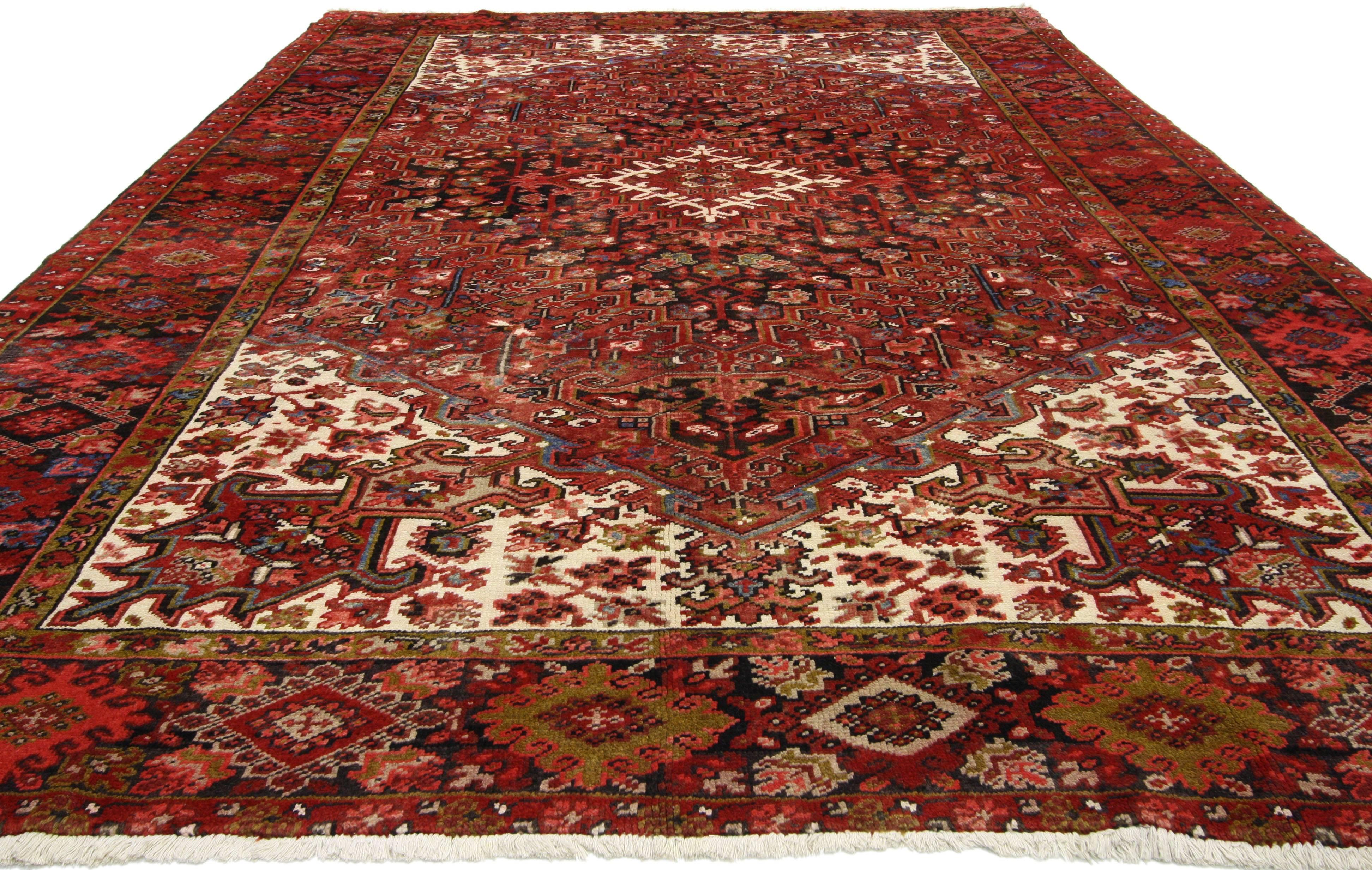 Hand-Knotted Vintage Persian Heriz Rug with Mid-Century Modern Style For Sale