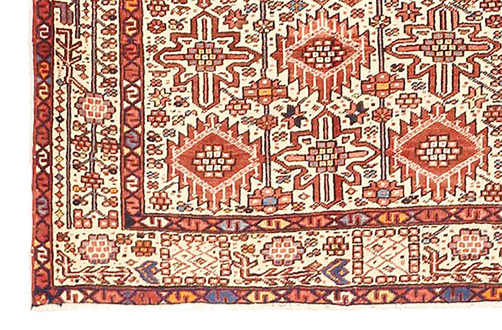Hand-Woven Vintage Persian Heriz Rug with Red and Black Flower Motifs on Ivory Field For Sale