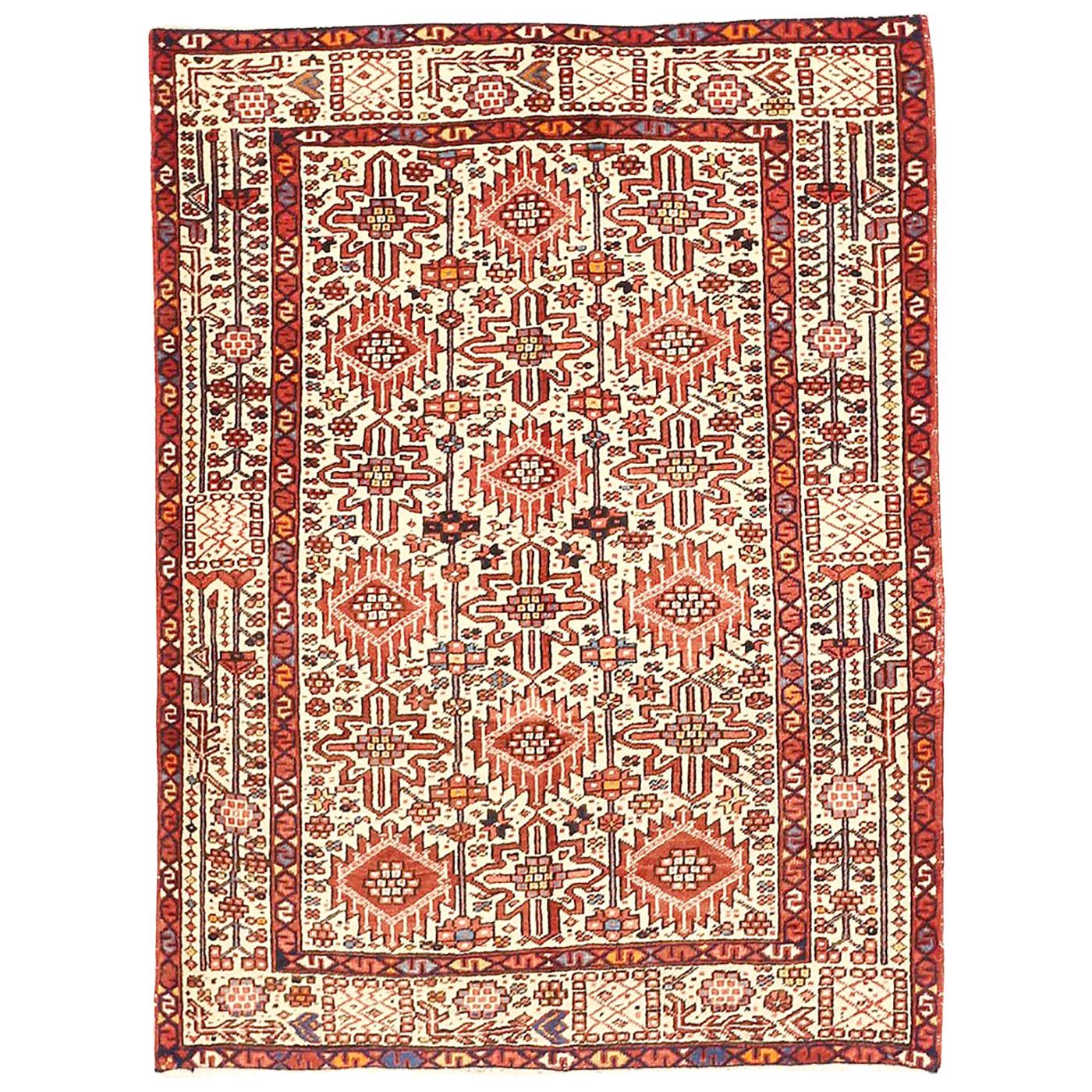 Vintage Persian Heriz Rug with Red and Black Flower Motifs on Ivory Field