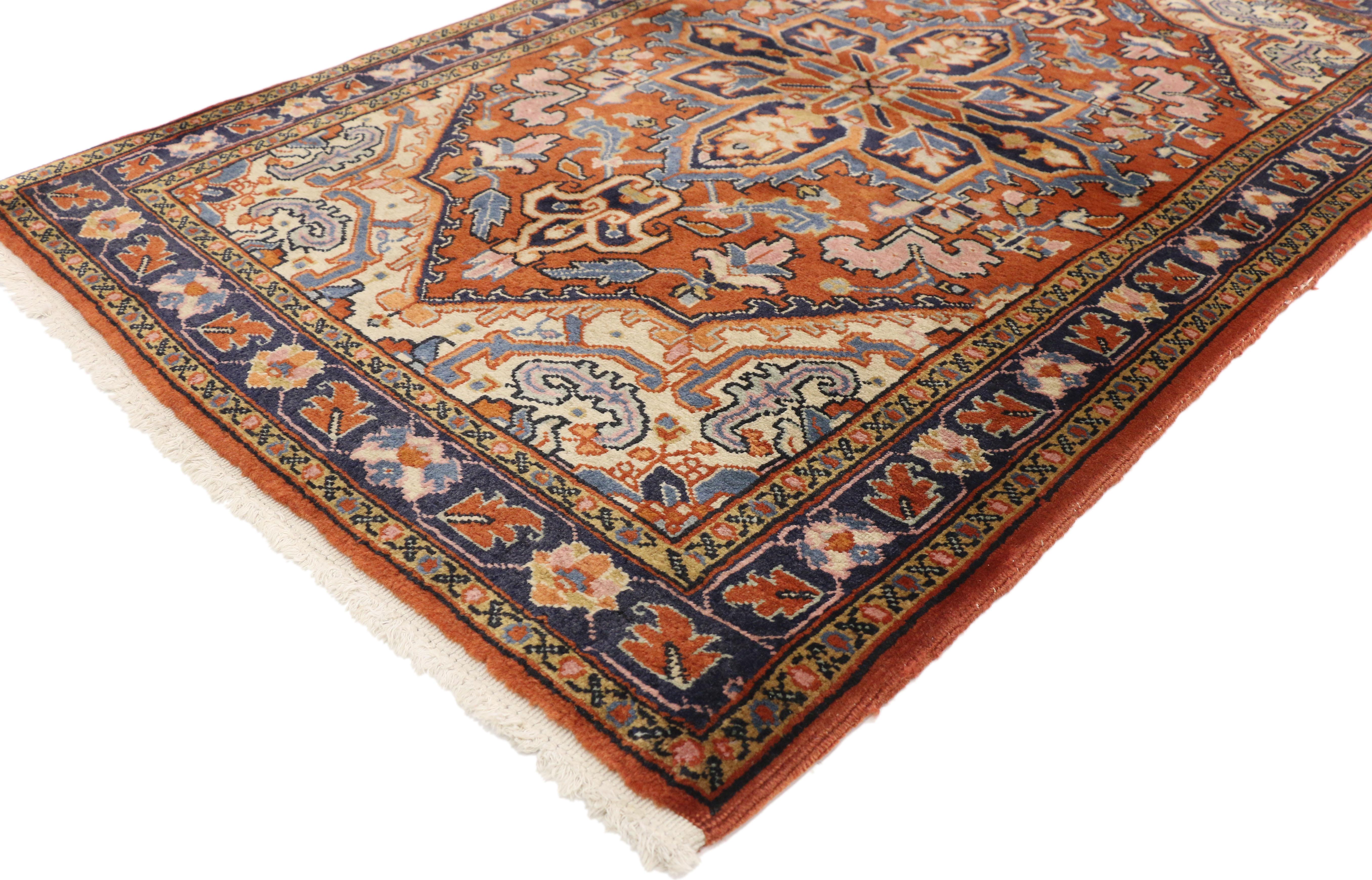 75996, vintage Persian Heriz rug with Rustic Federal style. Traditional and regal with brilliant color, this vintage Persian Heriz accent rug with Rustic Federal style is comprised of a prominent octagram medallion anchored with palmette finials.