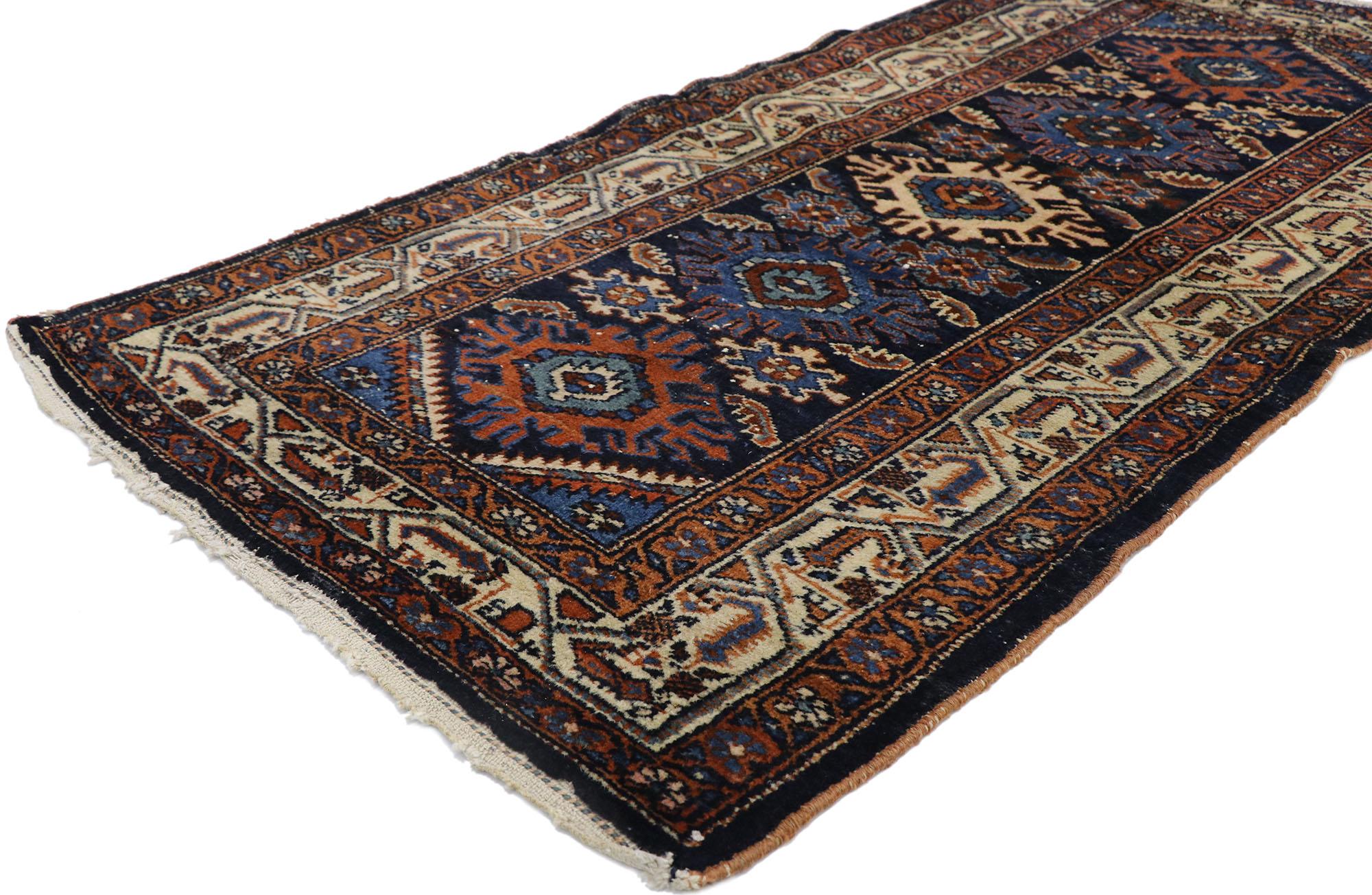78053 vintage Persian Heriz rug with Tribal style 02'08 x 04'10. Full of tiny details and a bold expressive design combined with lively colors and tribal style, this hand-knotted wool vintage Persian Heriz rug is a captivating vision of woven