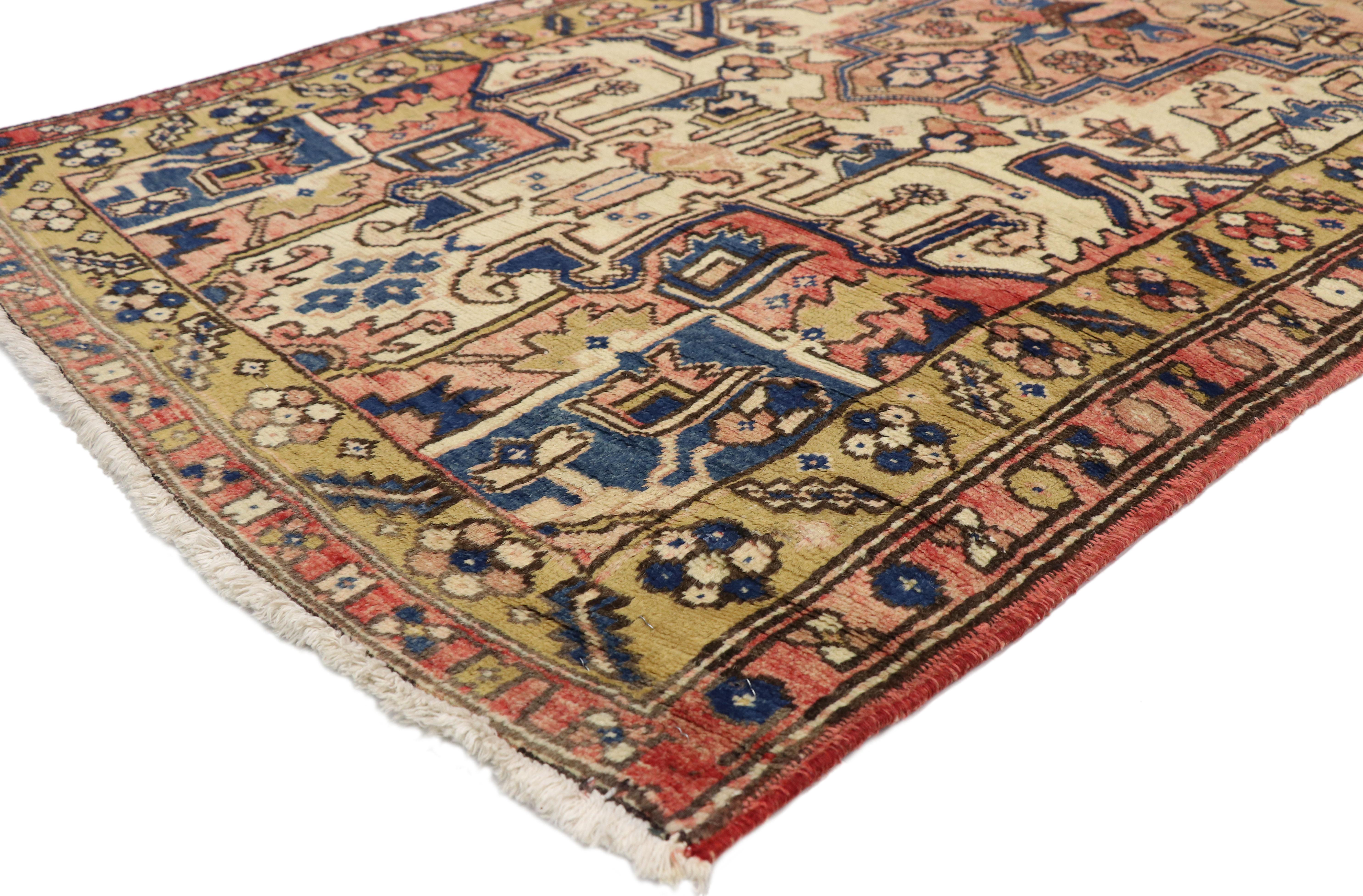 76406 Vintage Persian Heriz Runner with Mid-Century Modern Bohemian Style. With a bold, geometric design and well-balanced details combined with symmetry and elegance, this hand-knotted wool vintage Persian Heriz rug features traditional Heriz