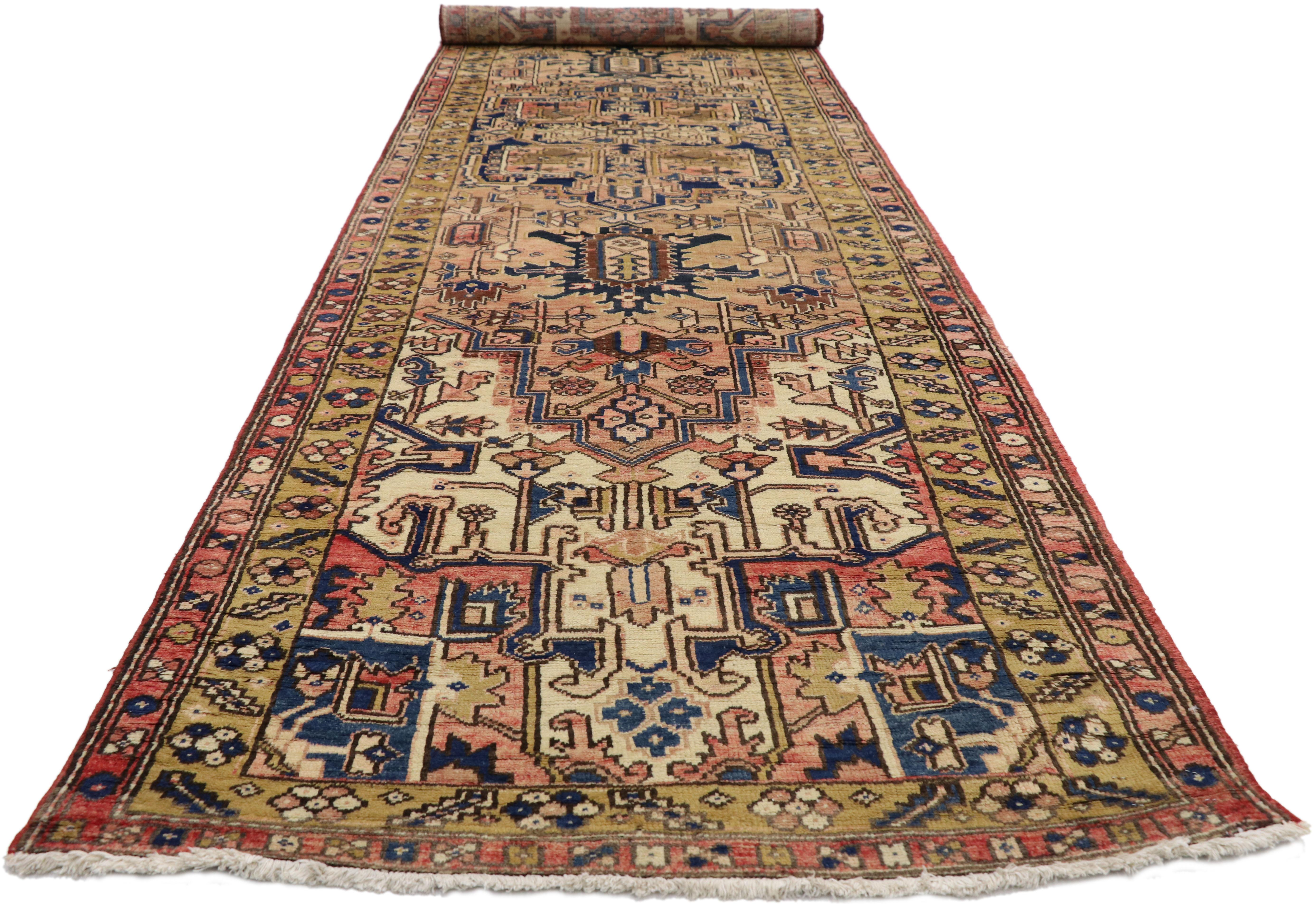 Hand-Knotted Vintage Persian Heriz Runner with Mid-Century Modern Bohemian Style For Sale