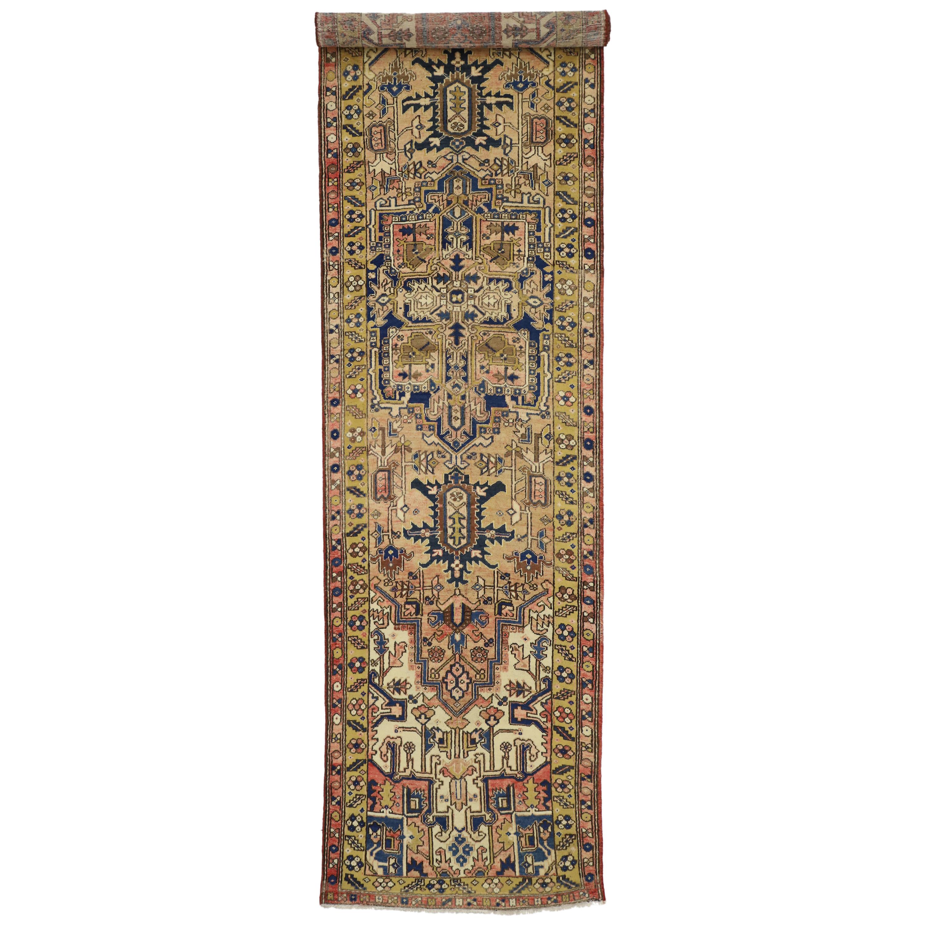 Vintage Persian Heriz Runner with Mid-Century Modern Bohemian Style For Sale