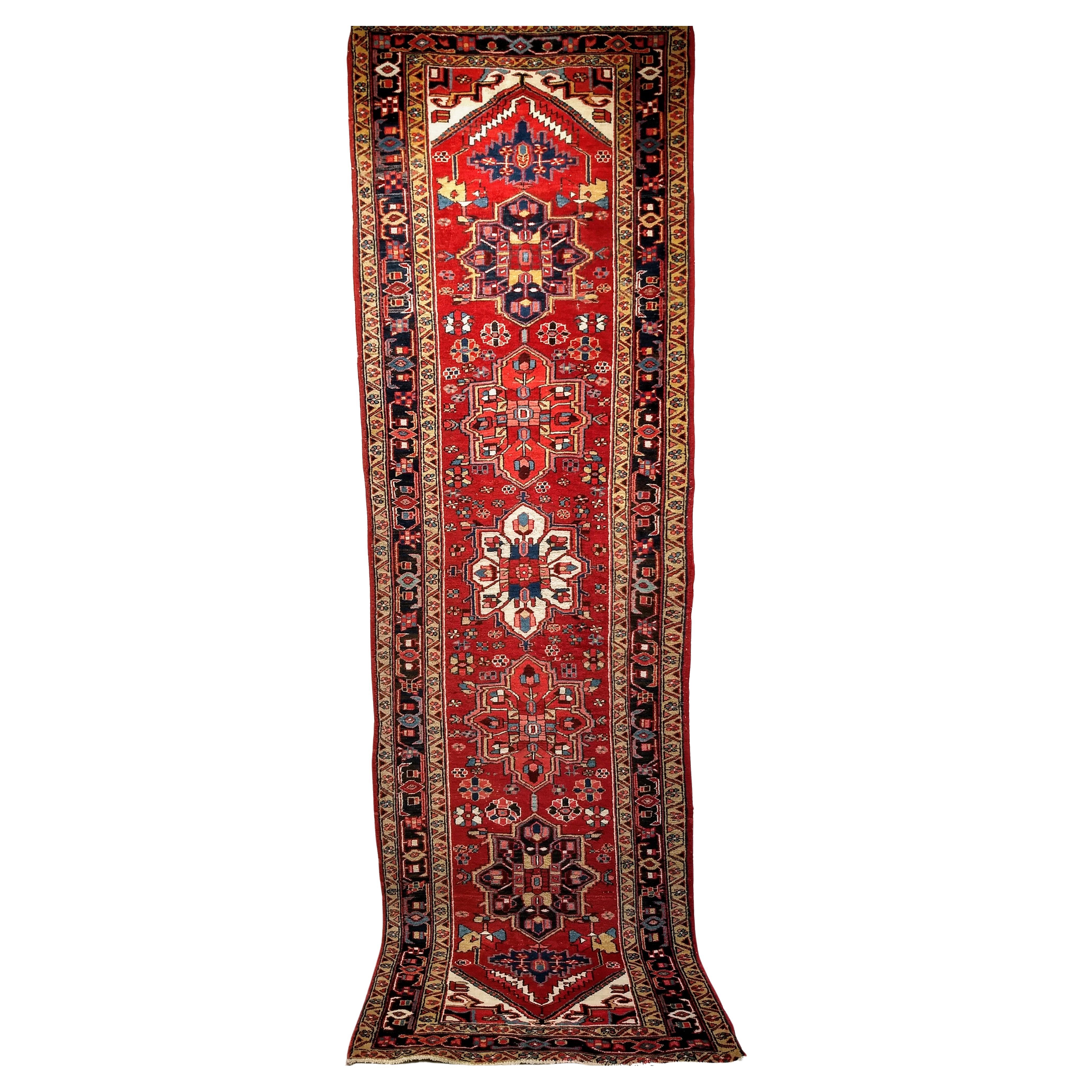 Vintage Persian Heriz Wide Runner in Geometric Pattern