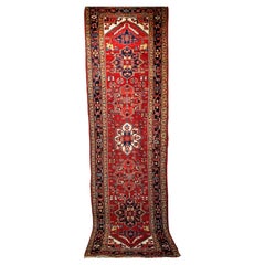 Vintage Persian Heriz Wide Runner in Geometric Pattern