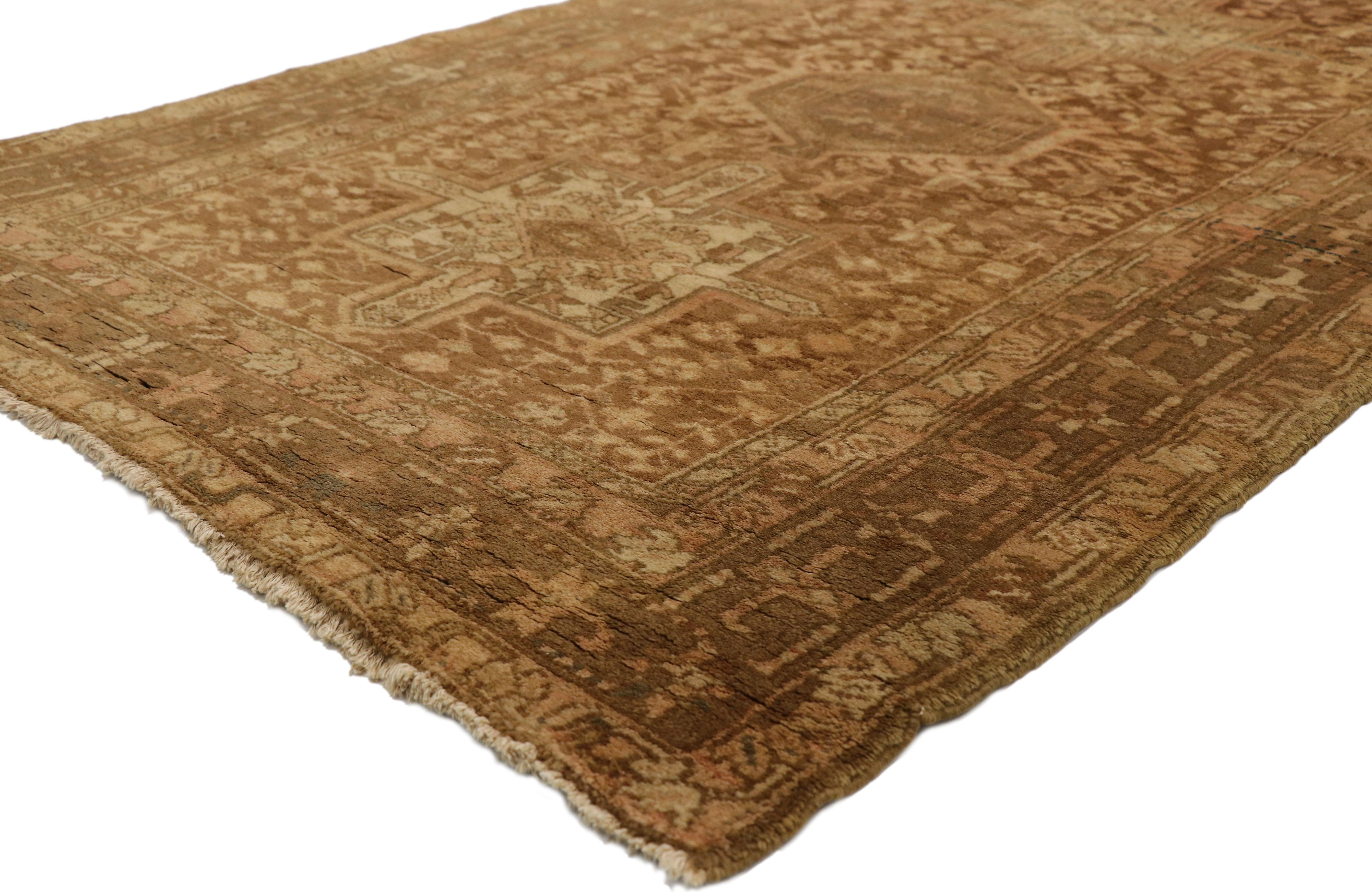 60241 Vintage Persian Heriz Karaja Runner with Bungalow Craftsman Style. With a warm, neutral color palette and striking architectural design elements, this hand knotted wool vintage Persian Heriz Karaja runner beautifully blends contemporary and