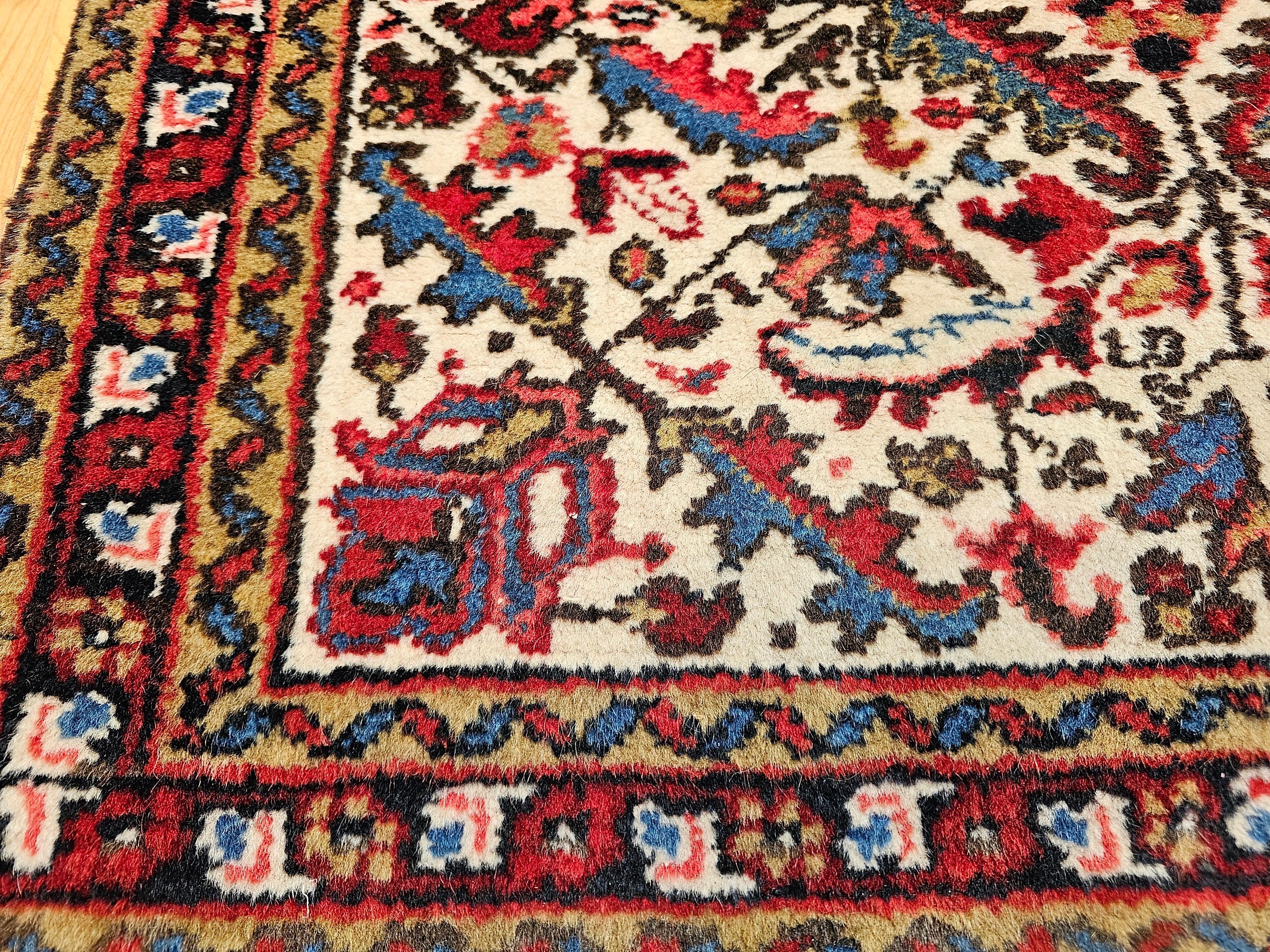 20th Century Vintage Persian Heriz Runner in Allover Geometric Pattern in Ivory, Green, Blue For Sale