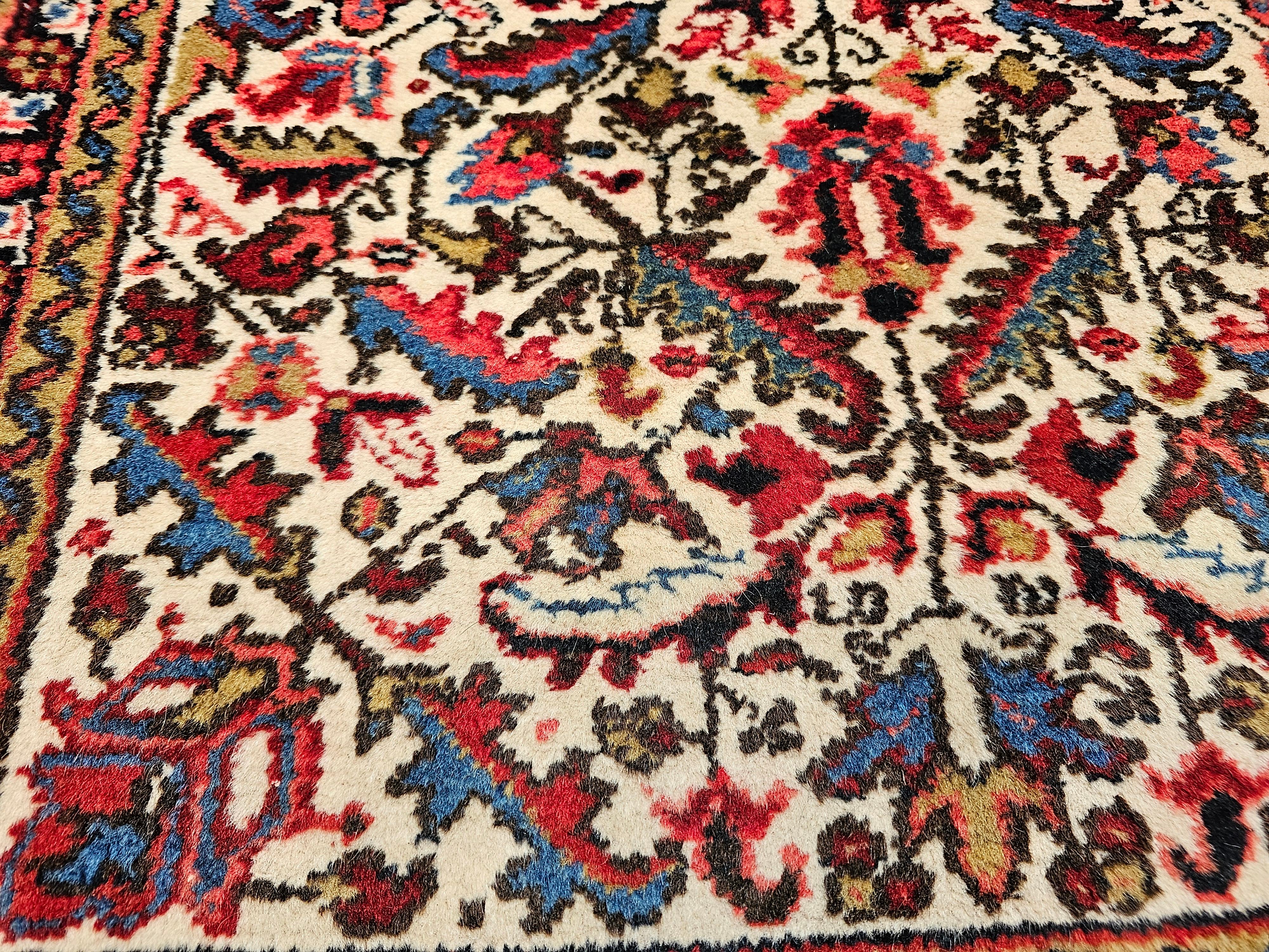 Wool Vintage Persian Heriz Runner in Allover Geometric Pattern in Ivory, Green, Blue For Sale