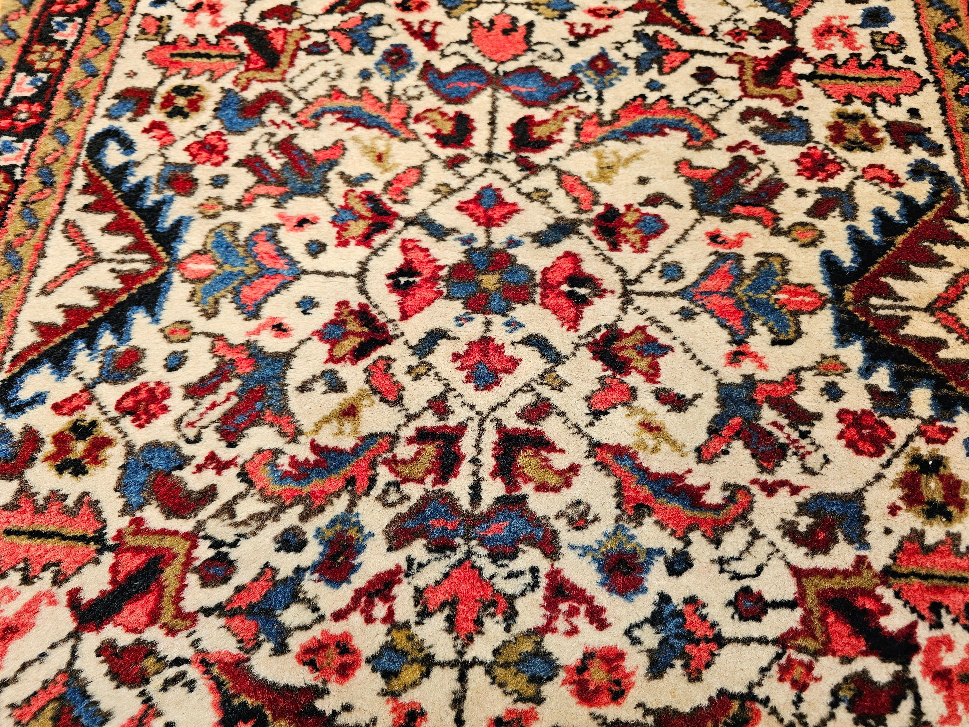 Vintage Persian Heriz Runner in Allover Geometric Pattern in Ivory, Green, Blue For Sale 1