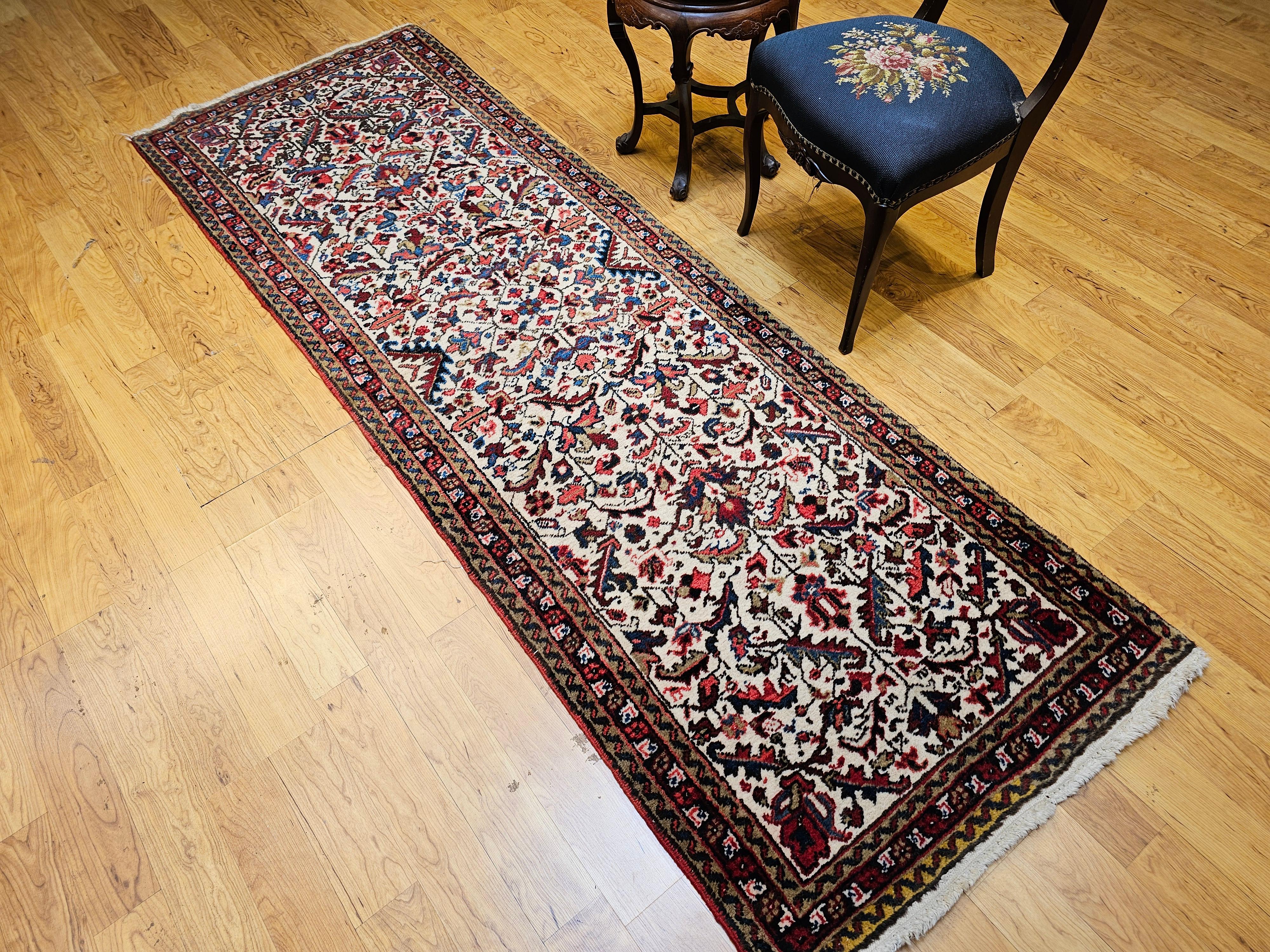 Vintage Persian Heriz Runner in Allover Geometric Pattern in Ivory, Green, Blue For Sale 4