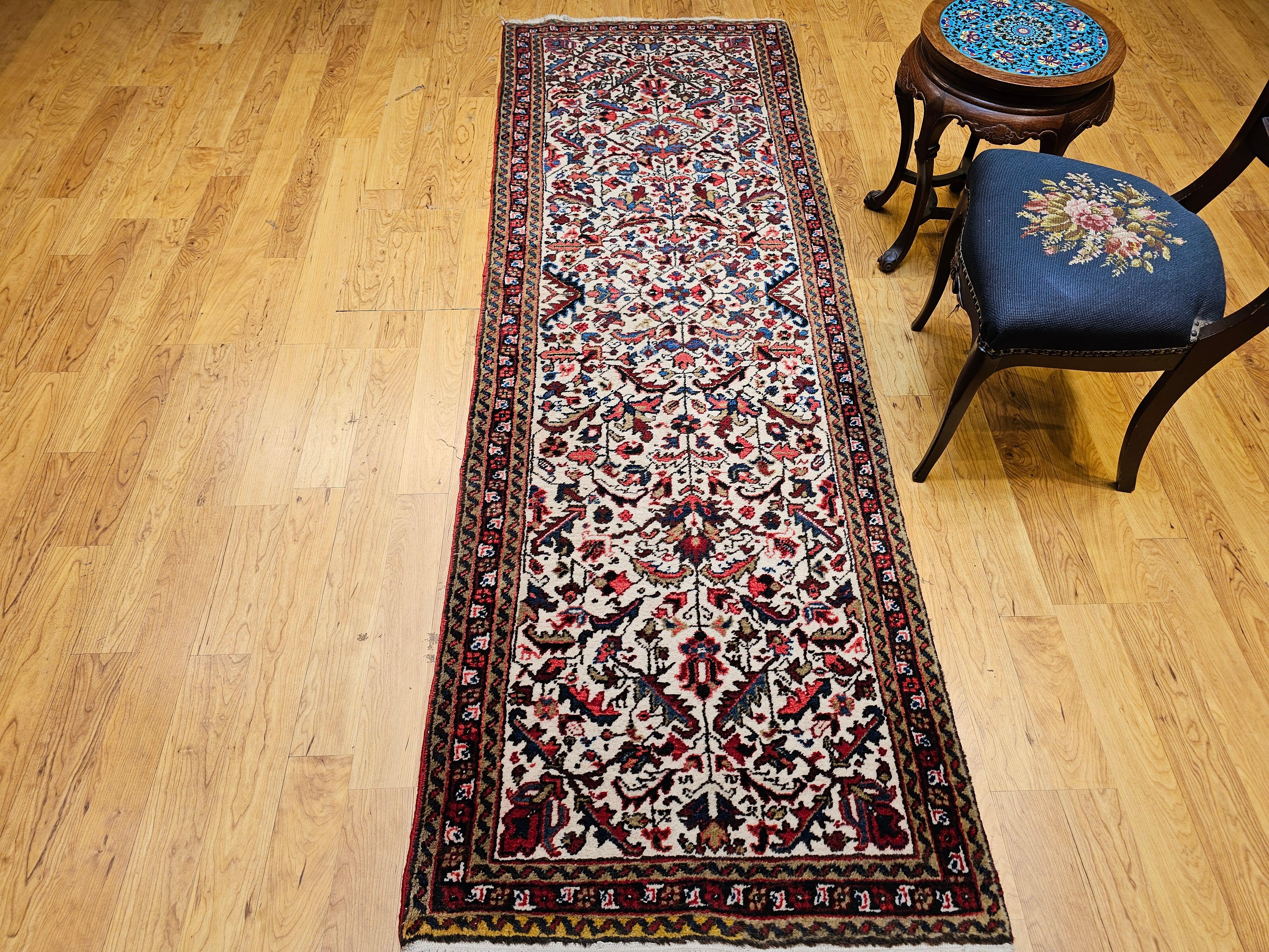 Vintage Persian Heriz Runner in Allover Geometric Pattern in Ivory, Green, Blue For Sale 5