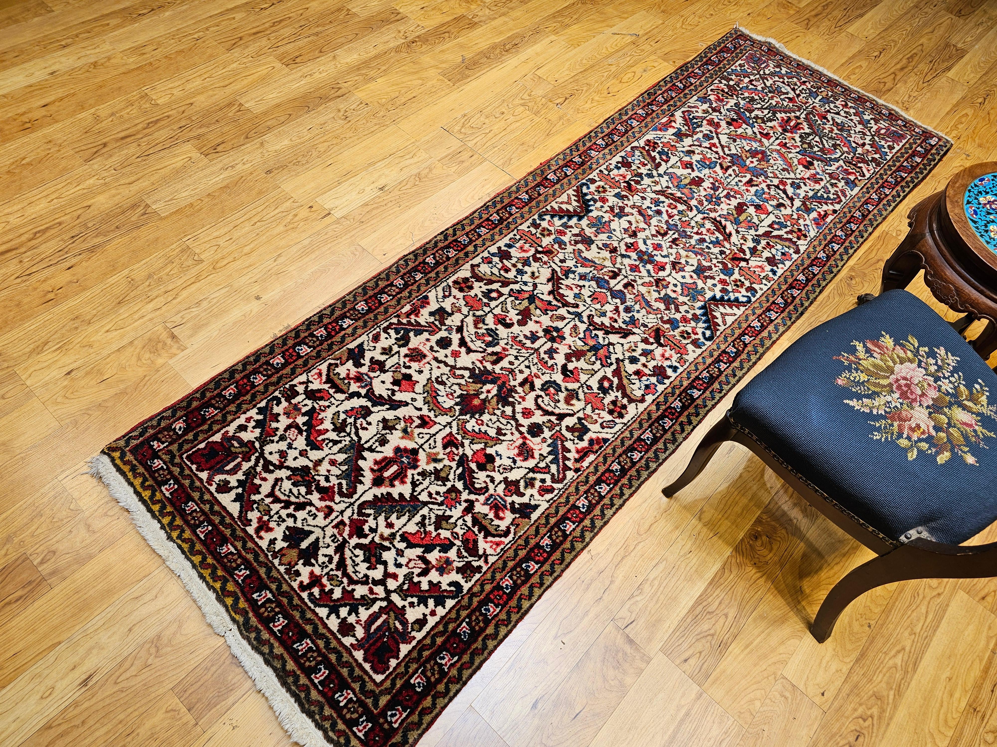 Vintage Persian Heriz Runner in Allover Geometric Pattern in Ivory, Green, Blue For Sale 6
