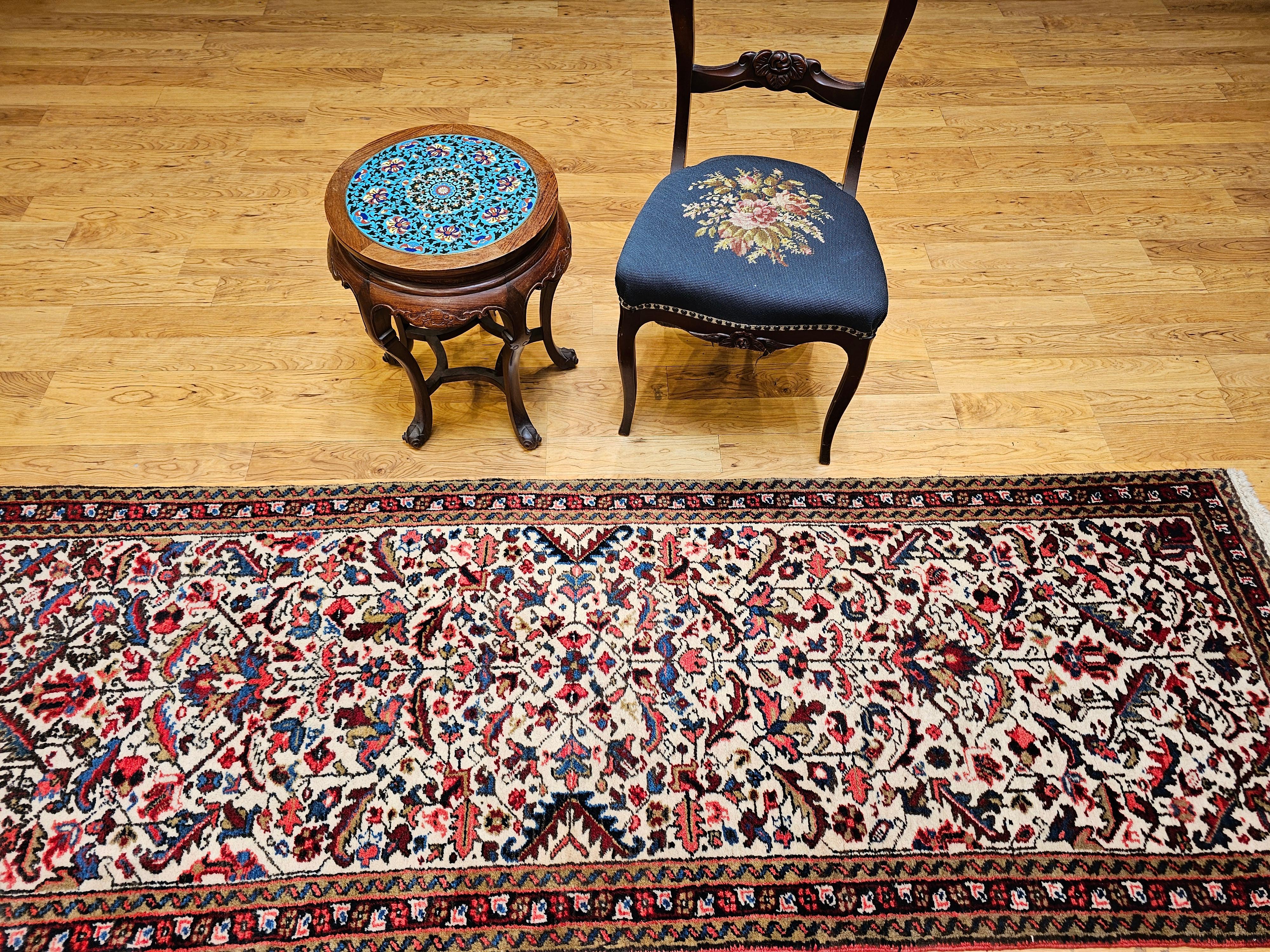 Vintage Persian Heriz Runner in Allover Geometric Pattern in Ivory, Green, Blue For Sale 7
