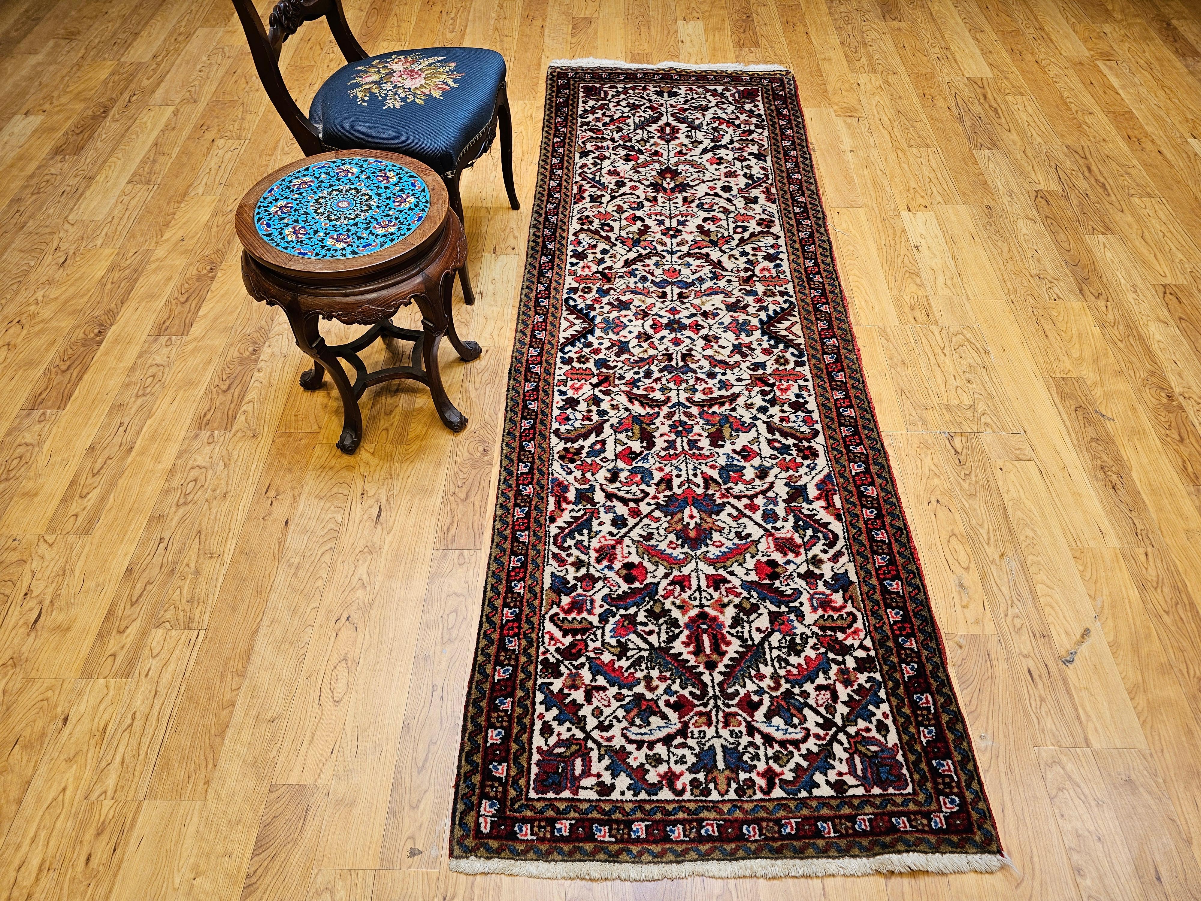 Vintage Persian Heriz Runner in Allover Geometric Pattern in Ivory, Green, Blue For Sale 9
