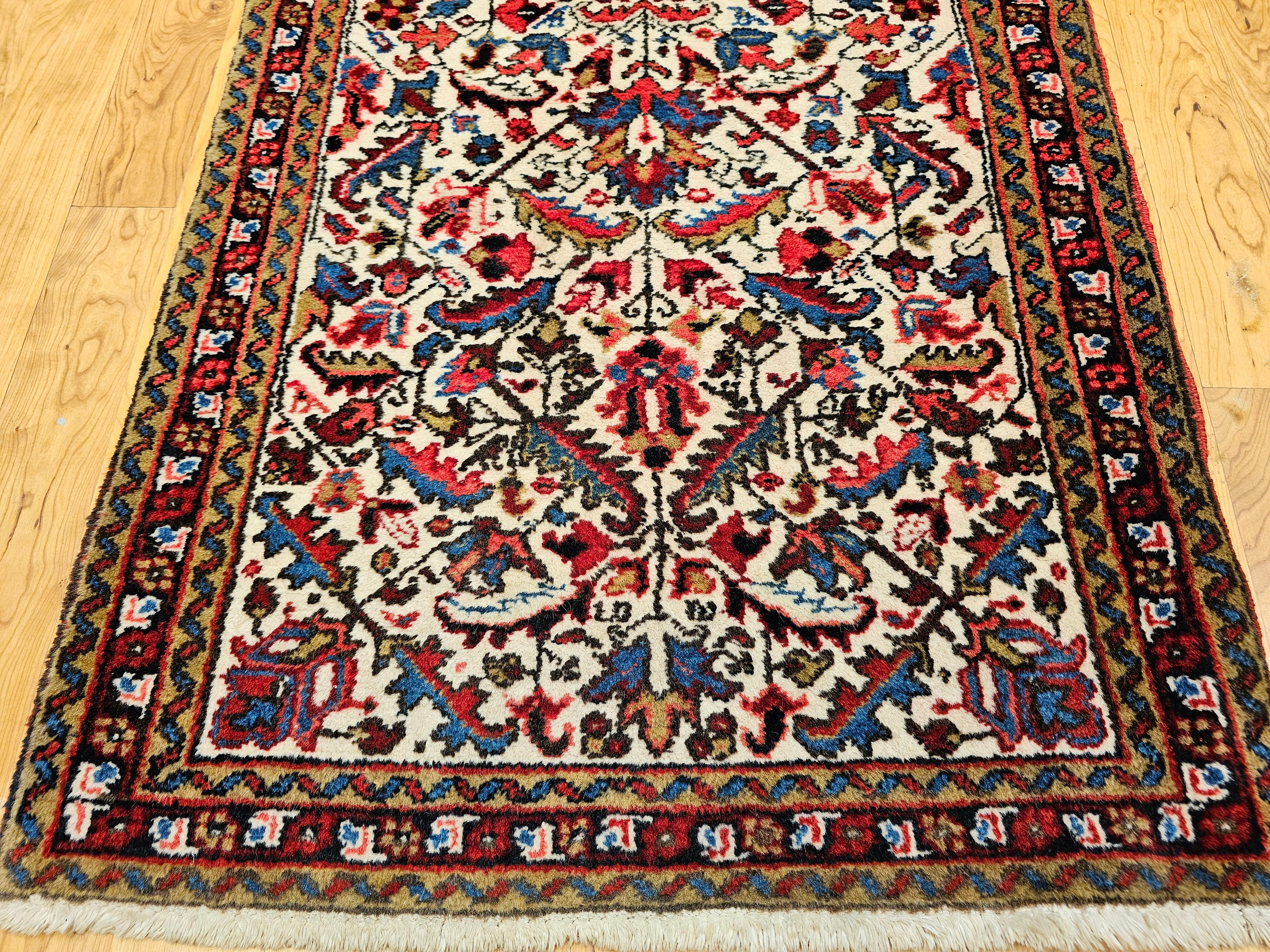Tribal Vintage Persian Heriz Runner in Allover Geometric Pattern in Ivory, Green, Blue For Sale