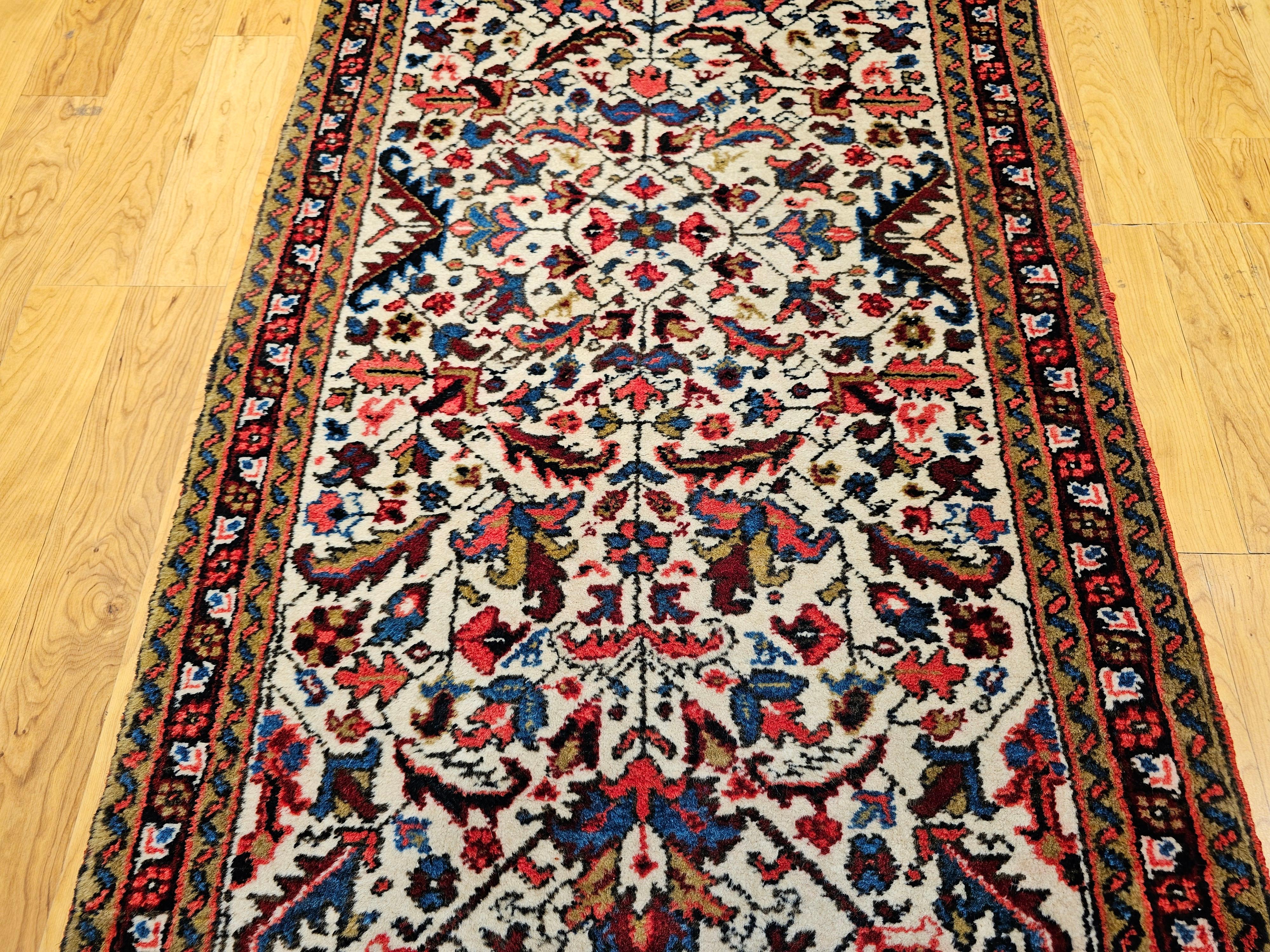 Vegetable Dyed Vintage Persian Heriz Runner in Allover Geometric Pattern in Ivory, Green, Blue For Sale