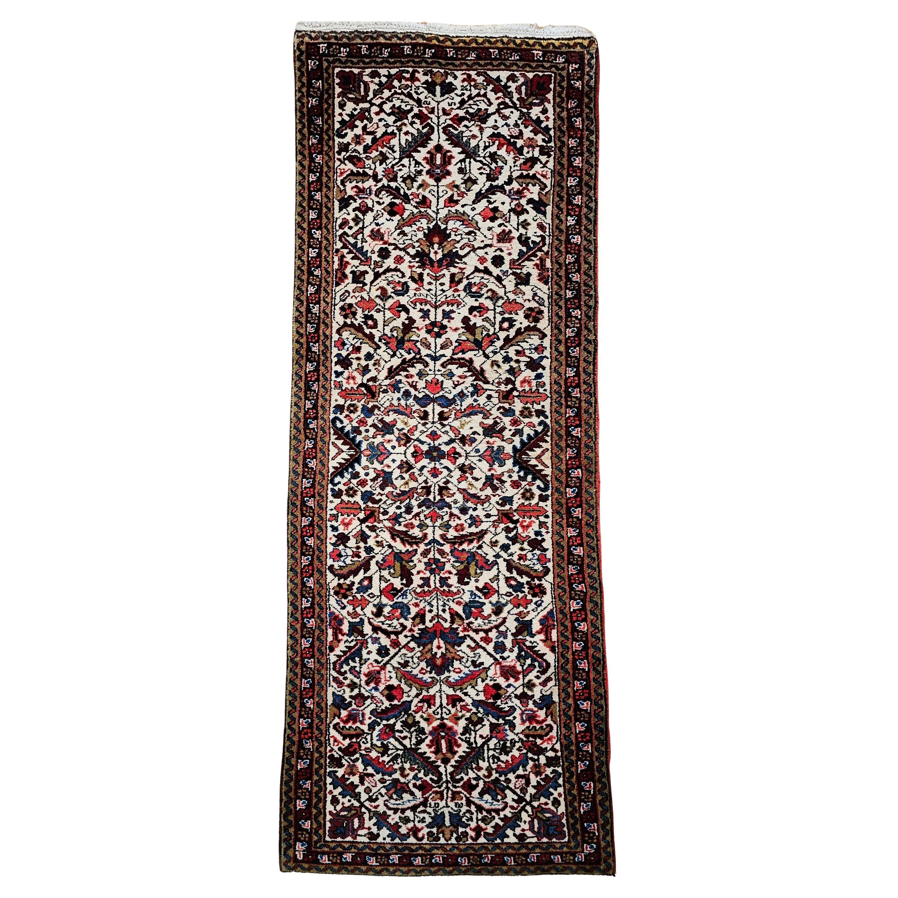 Vintage Persian Heriz Runner in Allover Geometric Pattern in Ivory, Green, Blue For Sale