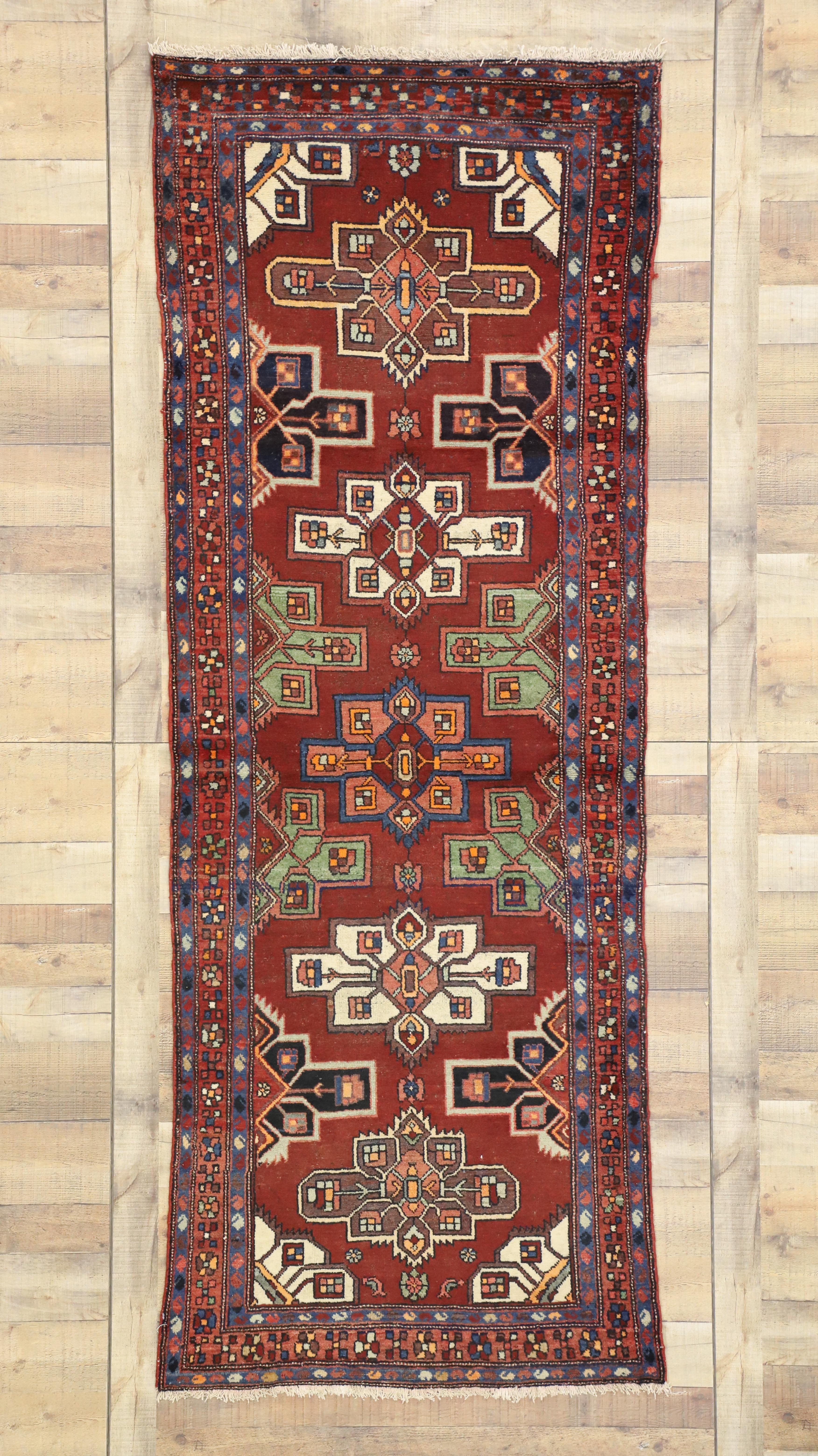 Wool Vintage Persian Heriz Runner, Mid-Century Modern Hallway Runner For Sale