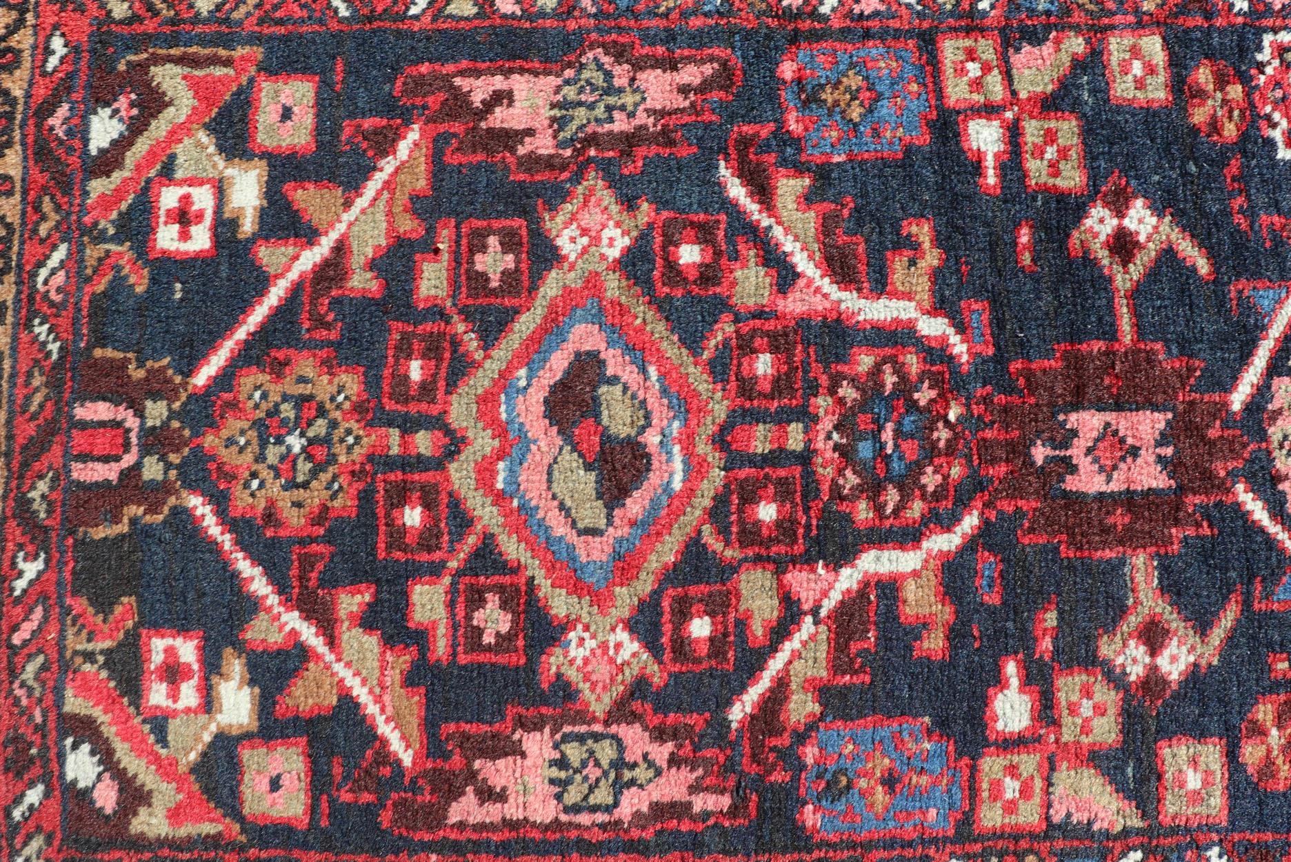 Vintage Persian Heriz Runner with Geometric-Tribal Medallions in Blue For Sale 3