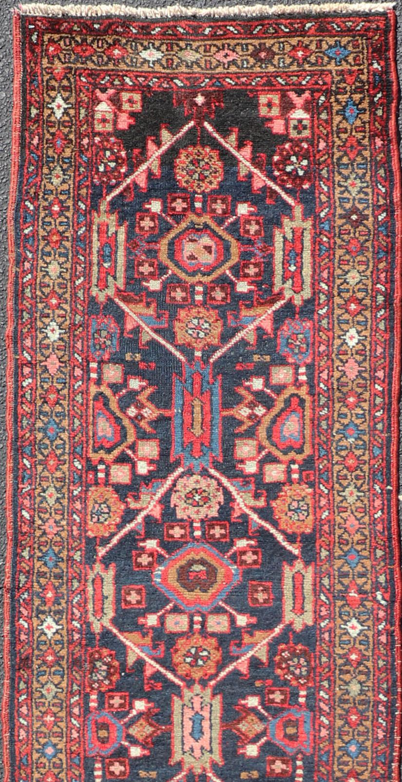 Vintage Persian Heriz Runner with Geometric-Tribal Medallions in Blue For Sale 4