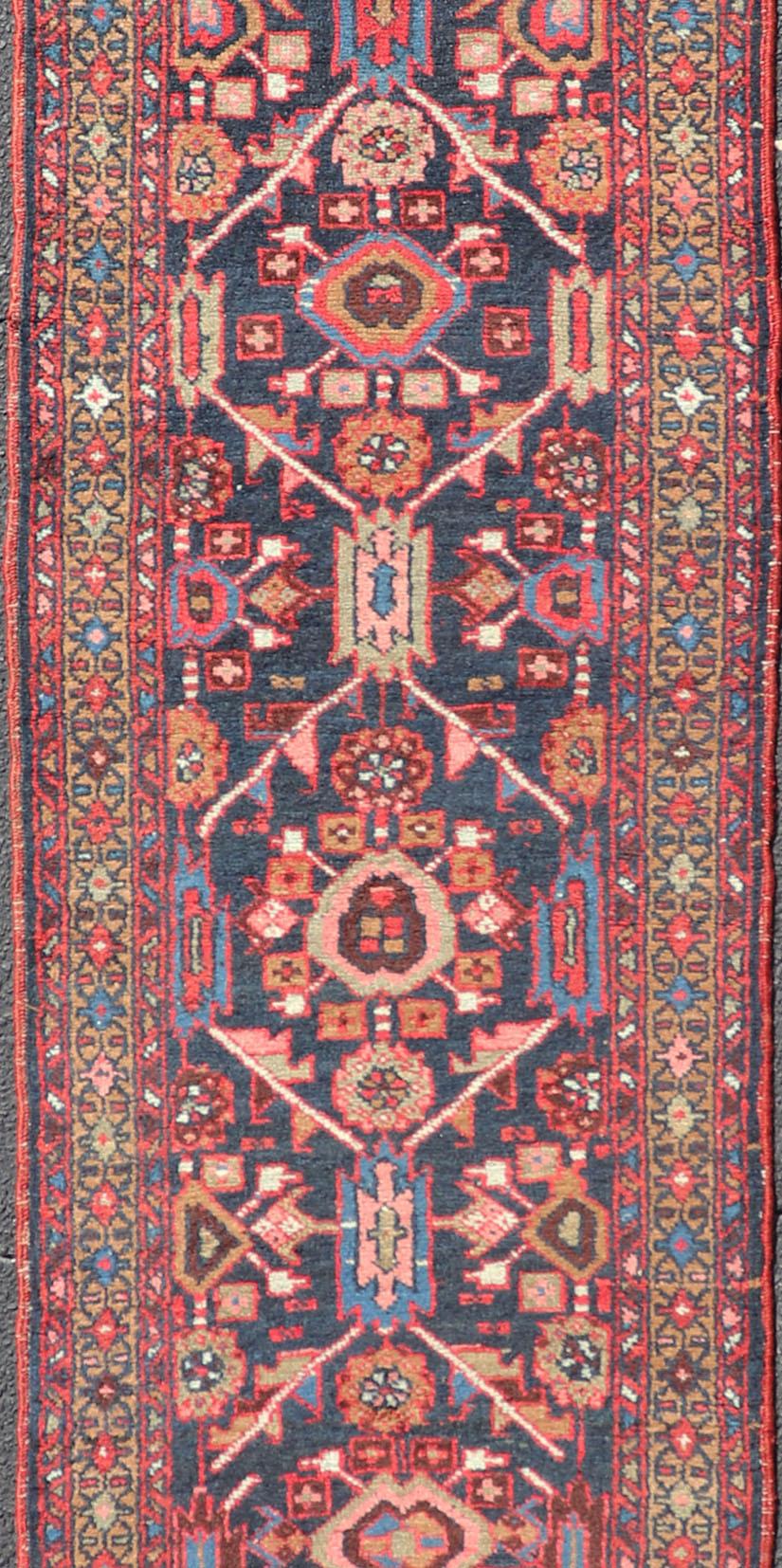Vintage Persian Heriz Runner with Geometric-Tribal Medallions in Blue For Sale 5