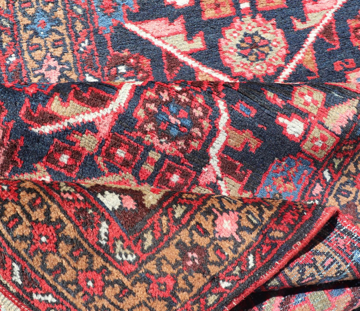 Vintage Persian Heriz Runner with Geometric-Tribal Medallions in Blue For Sale 6