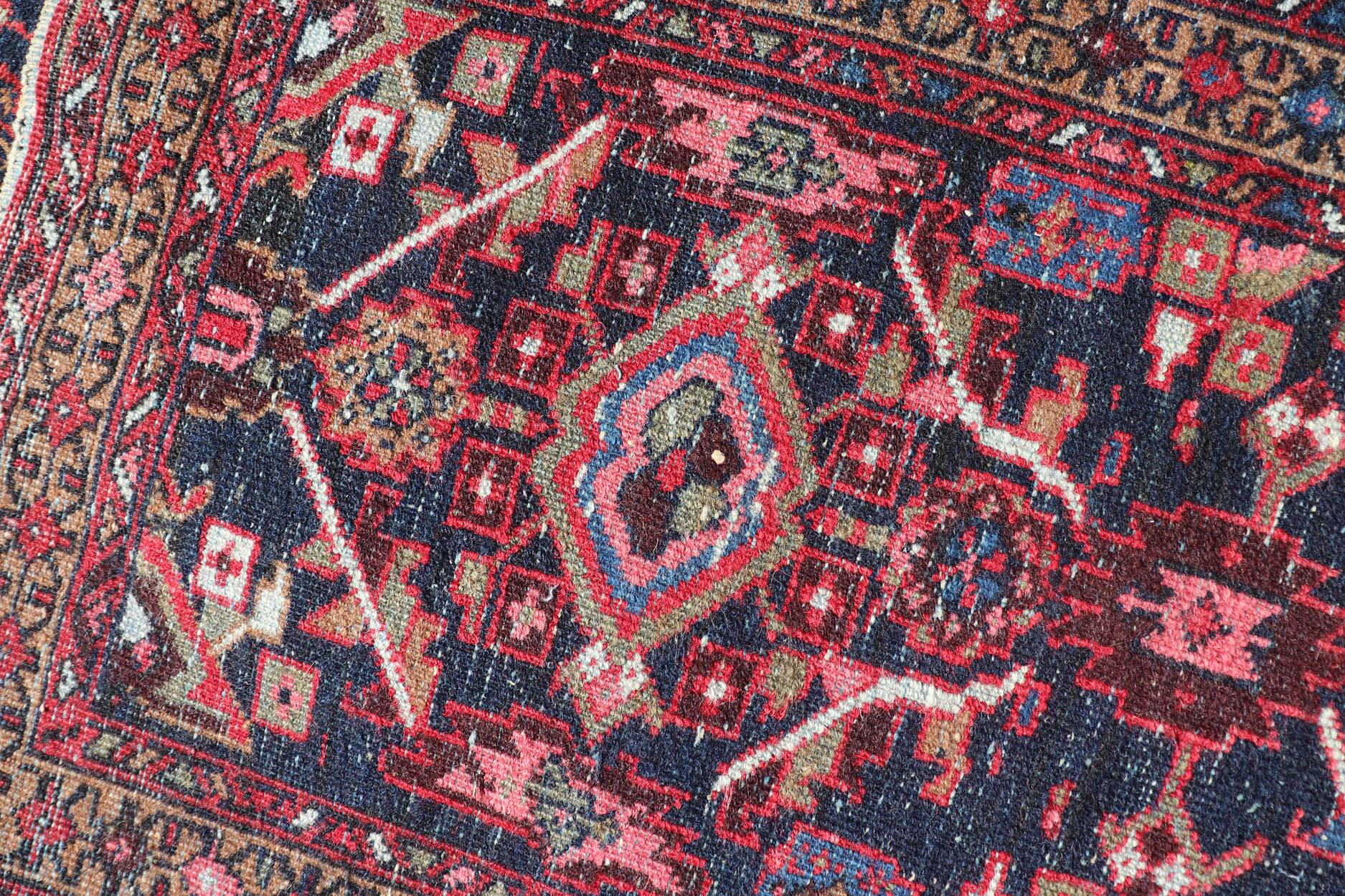 Vintage Persian Heriz Runner with Geometric-Tribal Medallions in Blue For Sale 7