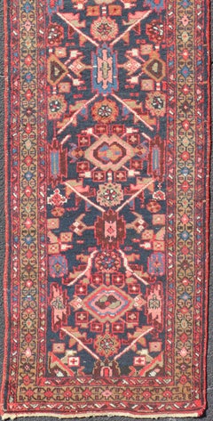 Vintage Persian Heriz Runner with Geometric-Tribal Medallions in Blue