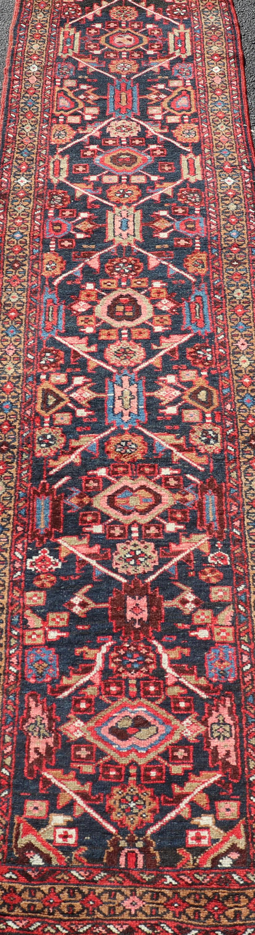 Hand-Knotted Vintage Persian Heriz Runner with Geometric-Tribal Medallions in Blue For Sale