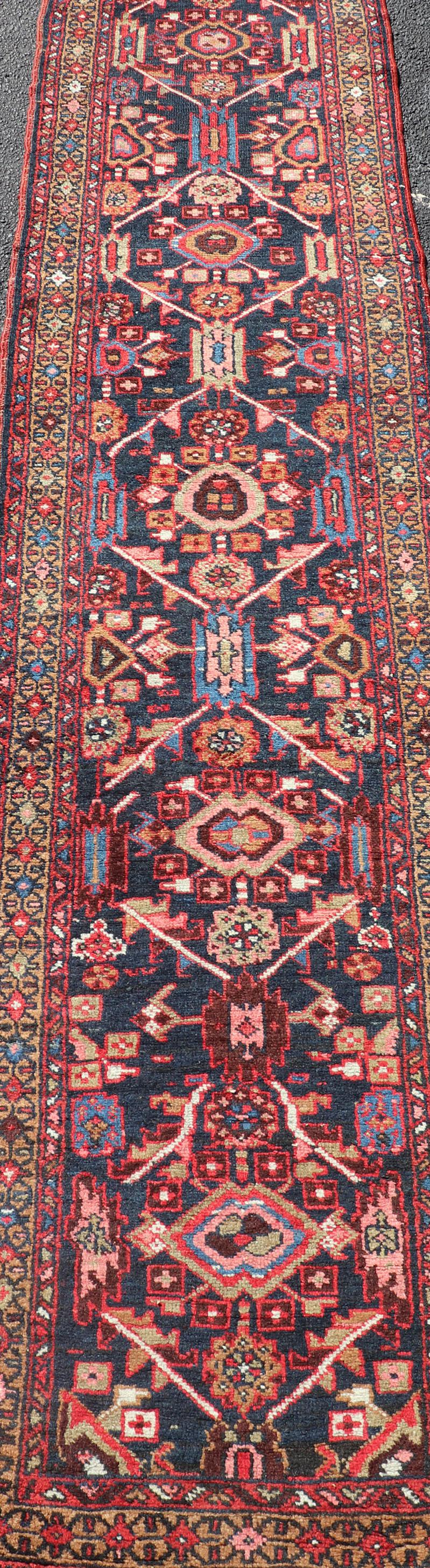 Vintage Persian Heriz Runner with Geometric-Tribal Medallions in Blue In Good Condition For Sale In Atlanta, GA