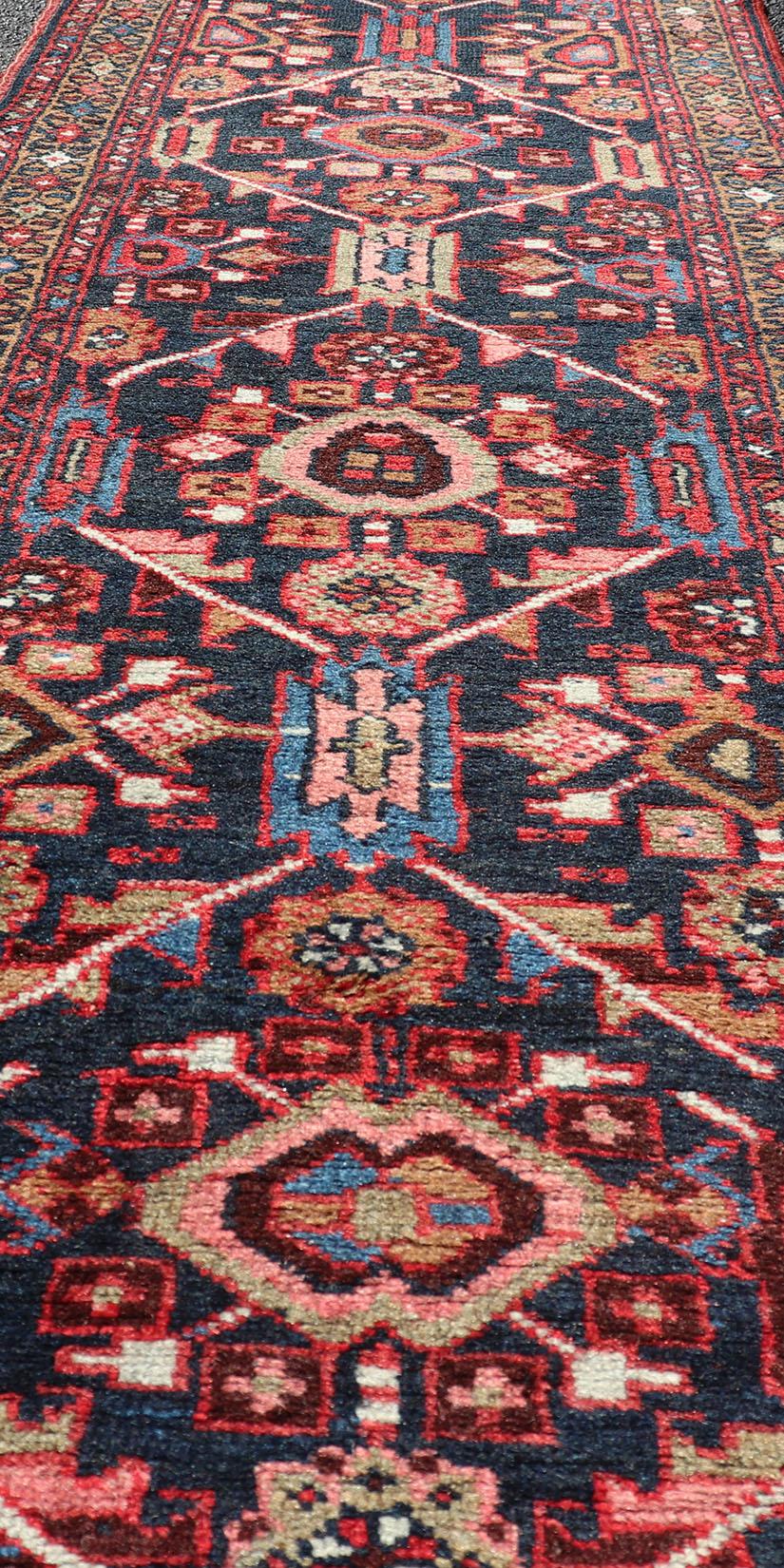 20th Century Vintage Persian Heriz Runner with Geometric-Tribal Medallions in Blue For Sale