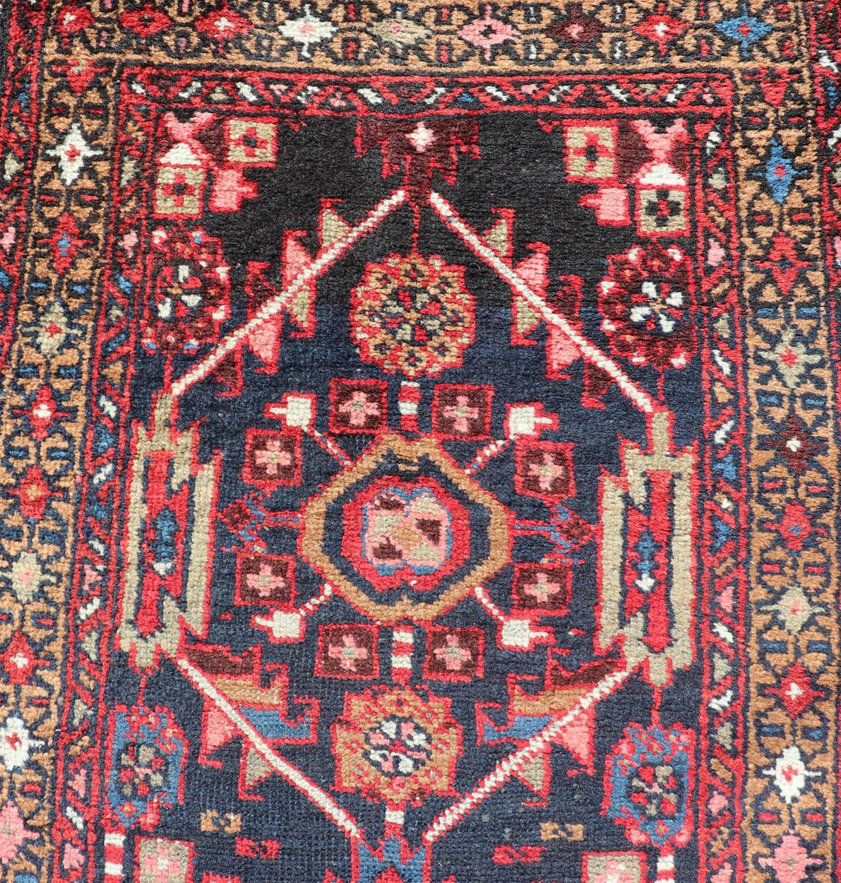 Vintage Persian Heriz Runner with Geometric-Tribal Medallions in Blue For Sale 1