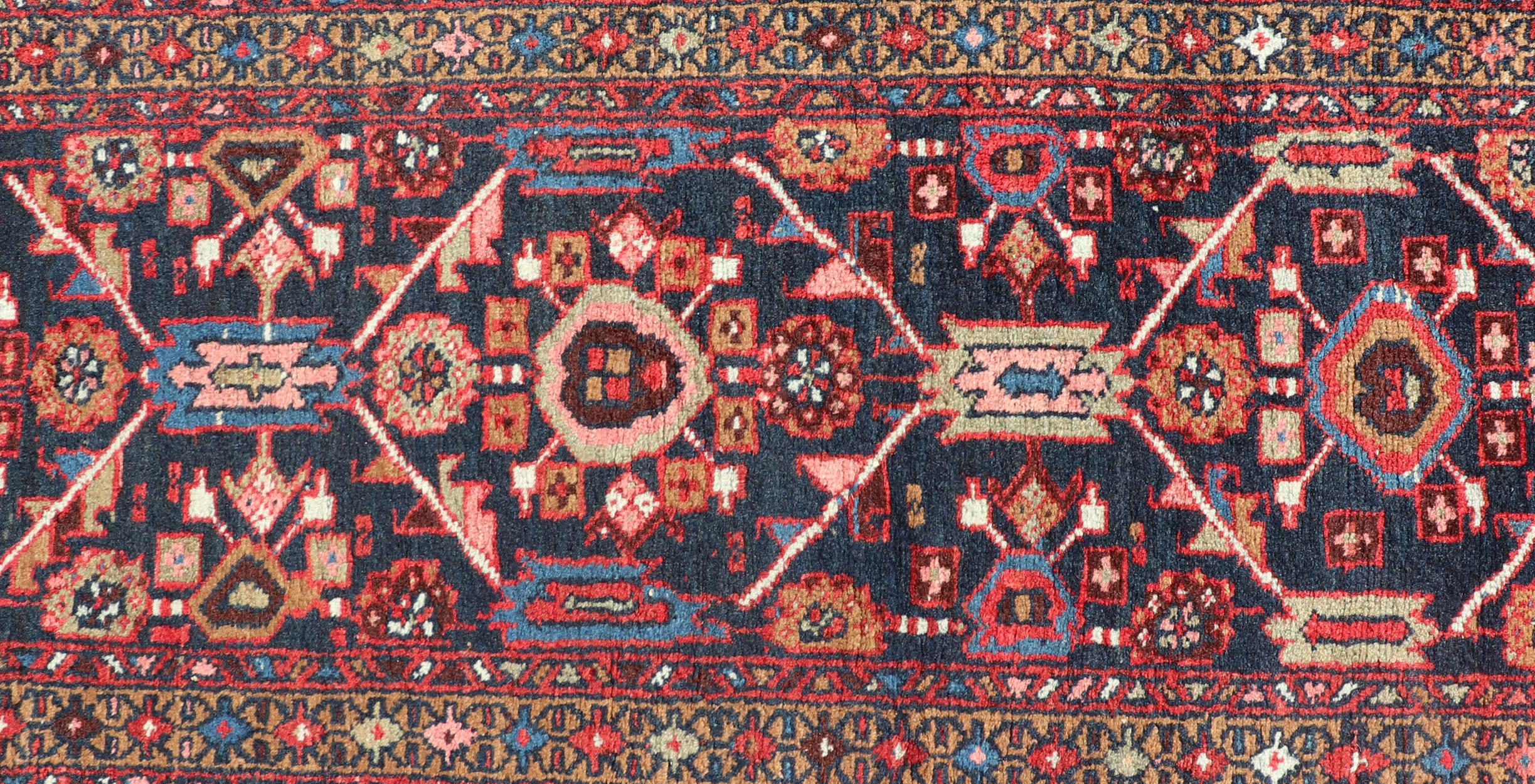 Vintage Persian Heriz Runner with Geometric-Tribal Medallions in Blue For Sale 2