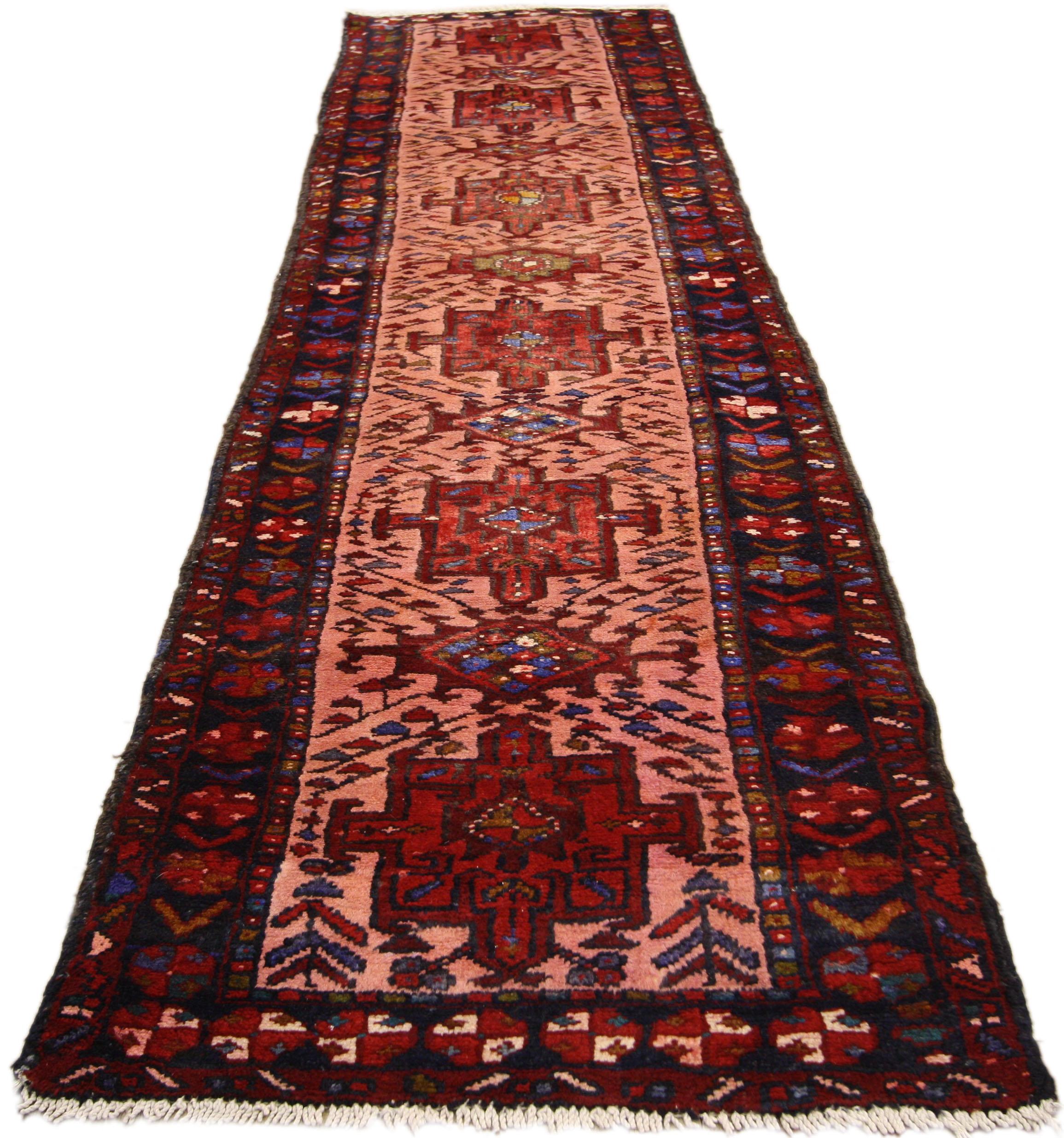 Hand-Knotted Vintage Persian Heriz Runner with Jacobean Style, Narrow Hallway Runner