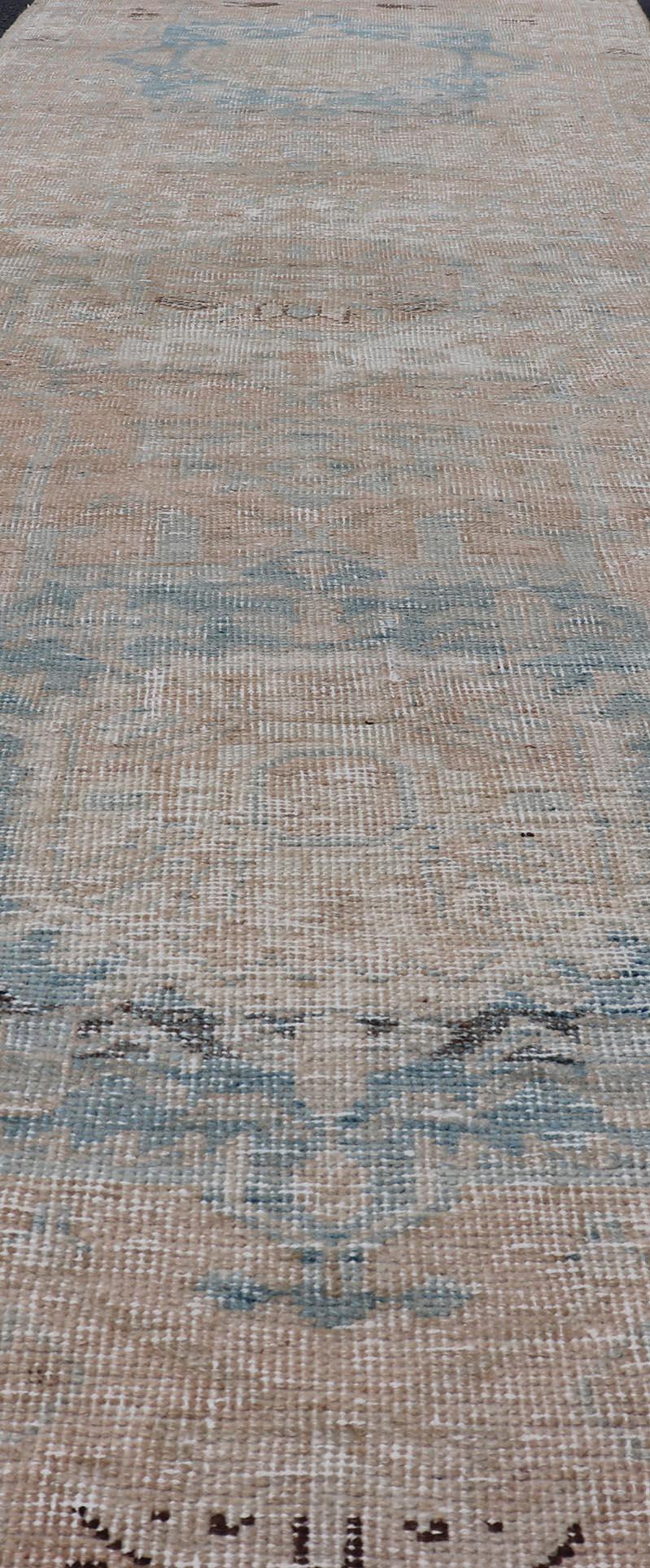 Vintage Persian Heriz Runner with Medallions in Earthy Tones and Light Blue For Sale 5