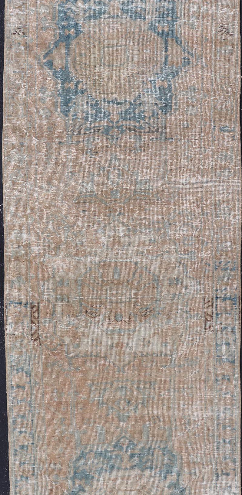 Heriz Serapi Vintage Persian Heriz Runner with Medallions in Earthy Tones and Light Blue For Sale