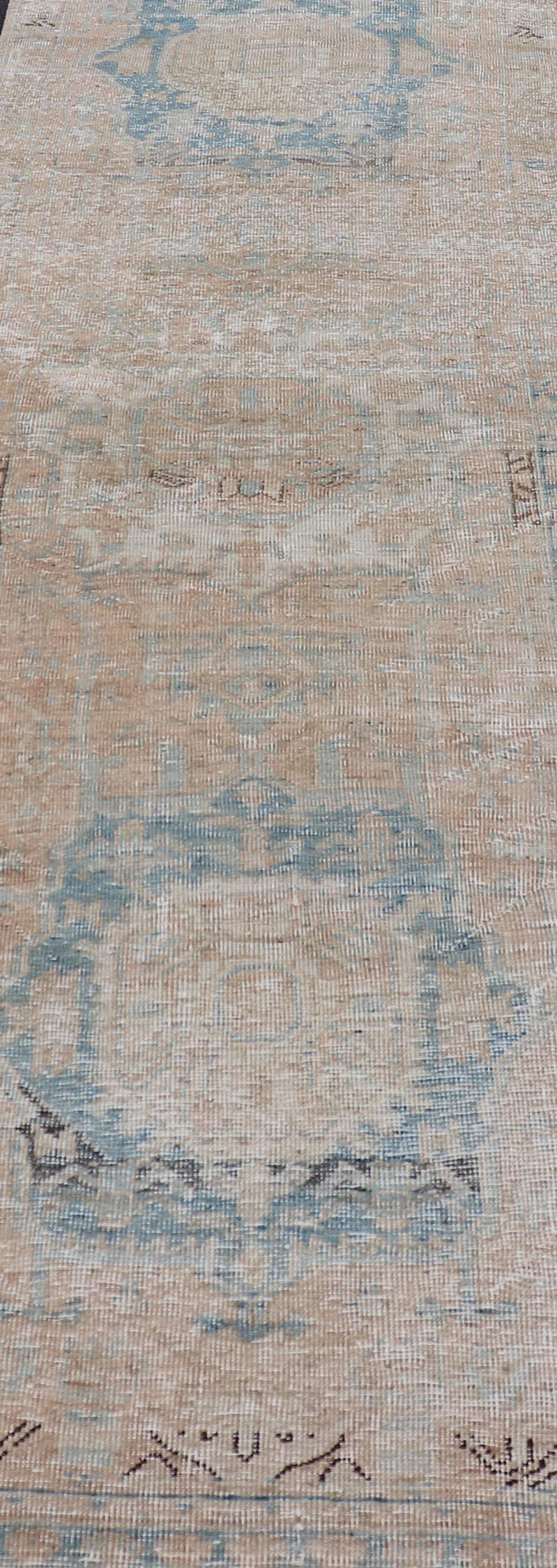 Wool Vintage Persian Heriz Runner with Medallions in Earthy Tones and Light Blue For Sale