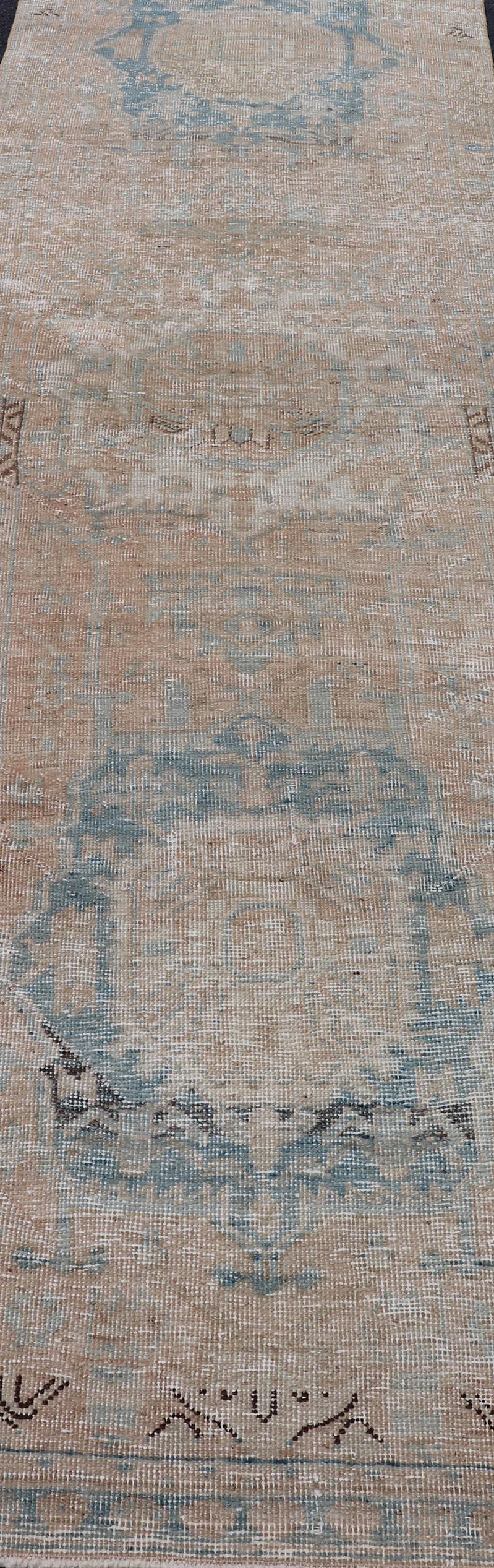 Vintage Persian Heriz Runner with Medallions in Earthy Tones and Light Blue For Sale 1
