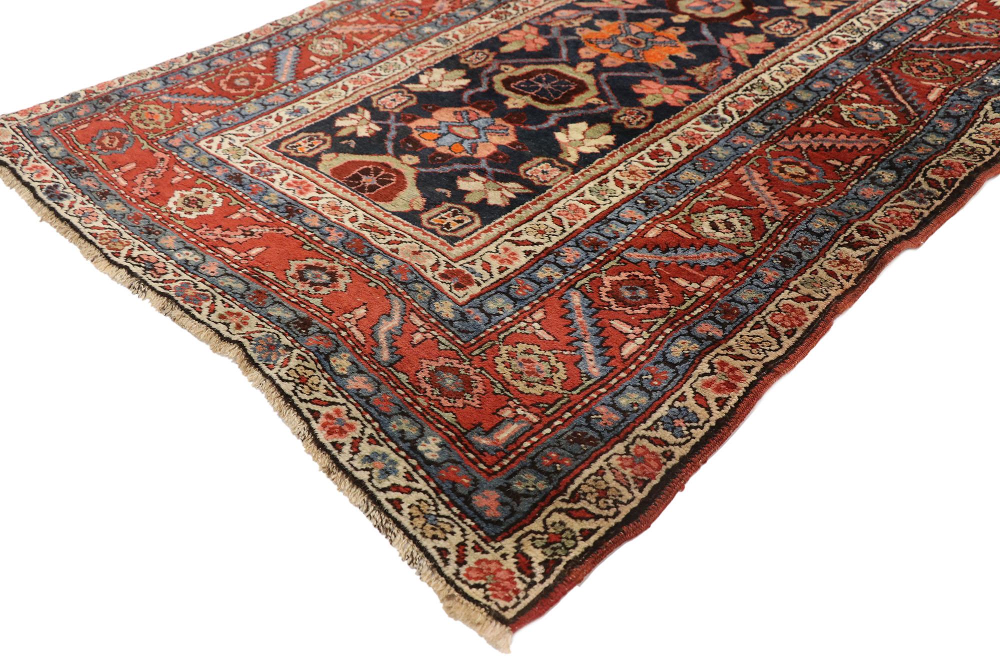 77395, vintage Persian Heriz runner with Mina Khani pattern, extra-long Hallway runner 03'00 x 17'04. This hand knotted wool vintage Persian Heriz runner features a lively all-over Mina Khani pattern spread across an abrashed ink blue field. In this