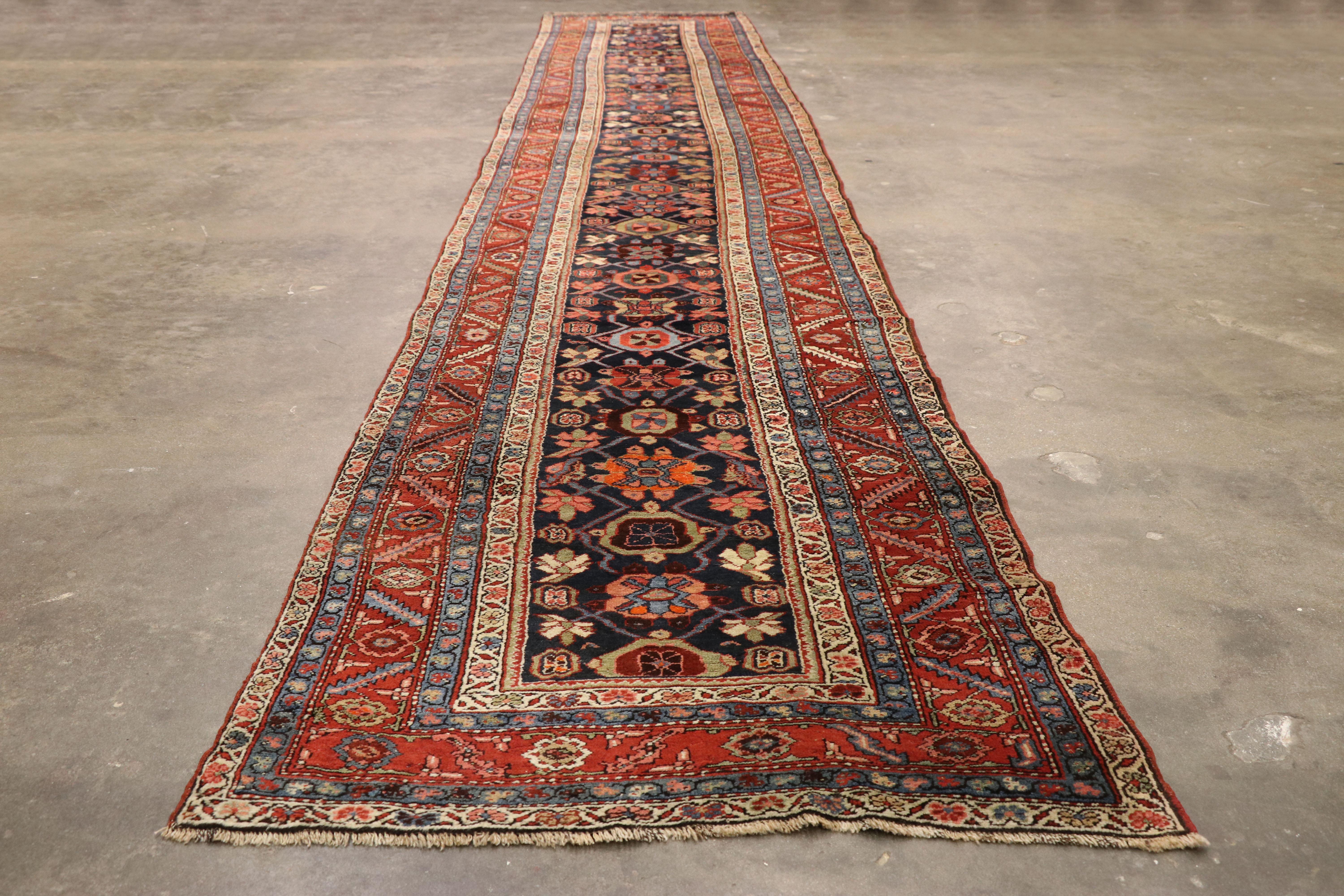 Wool Vintage Persian Heriz Runner with Mina Khani Pattern, Extra-Long Hallway Runner For Sale