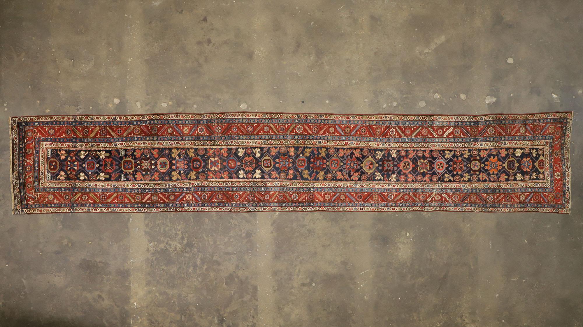 Vintage Persian Heriz Runner with Mina Khani Pattern, Extra-Long Hallway Runner For Sale 1