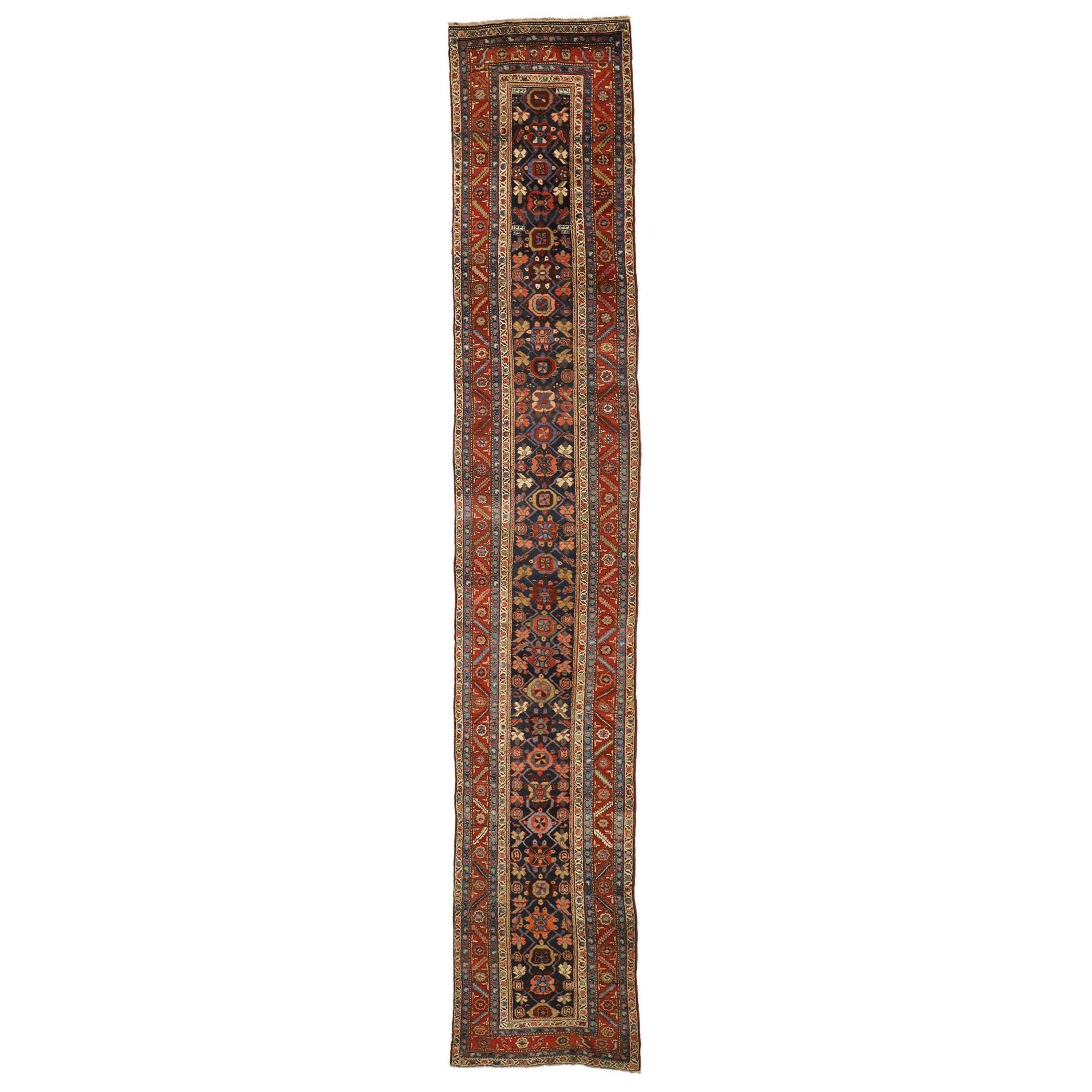 Vintage Persian Heriz Runner with Mina Khani Pattern, Extra-Long Hallway Runner For Sale