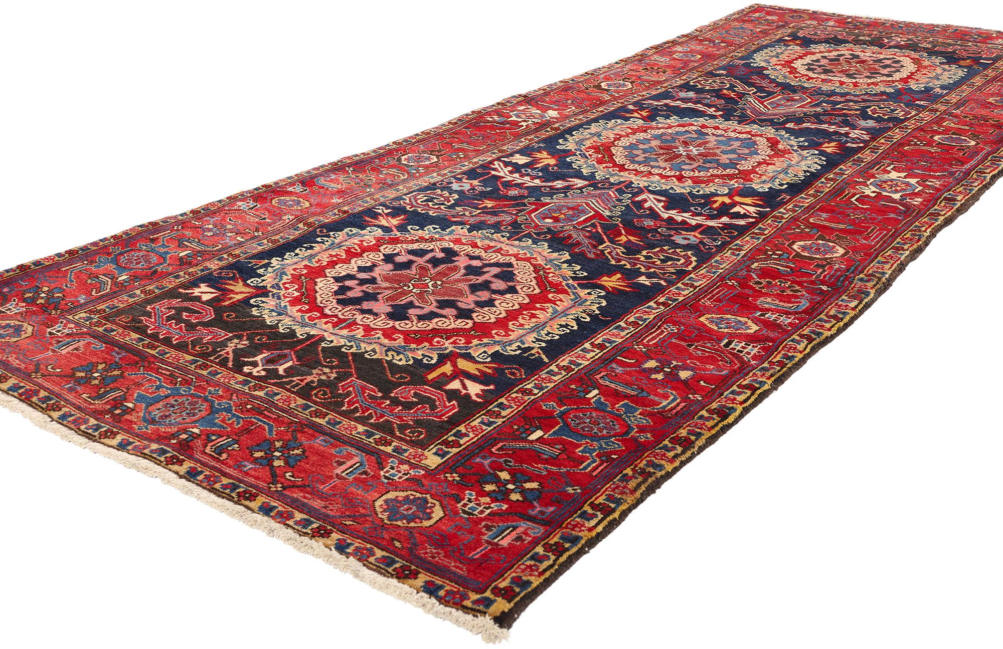 76842 Vintage Persian Heriz Rug Runner, 03'10 x 10'04. Persian Heriz carpet runners are a specific type of Heriz rug crafted in a long and narrow format, ideal for adorning hallways, staircases, and other narrow spaces in the home. Like traditional