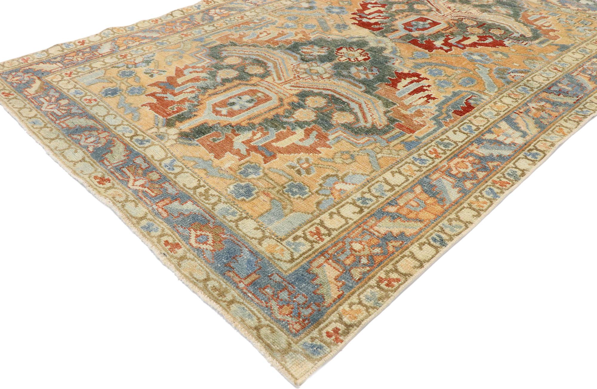 53468 Vintage Persian Heriz runner with rustic Italian Cottage style. With brilliant blues and warm orange hues inspired by Italy, this hand knotted wool vintage Persian Heriz runner beautifully embodies an Italian Rustic style. The abrashed orange